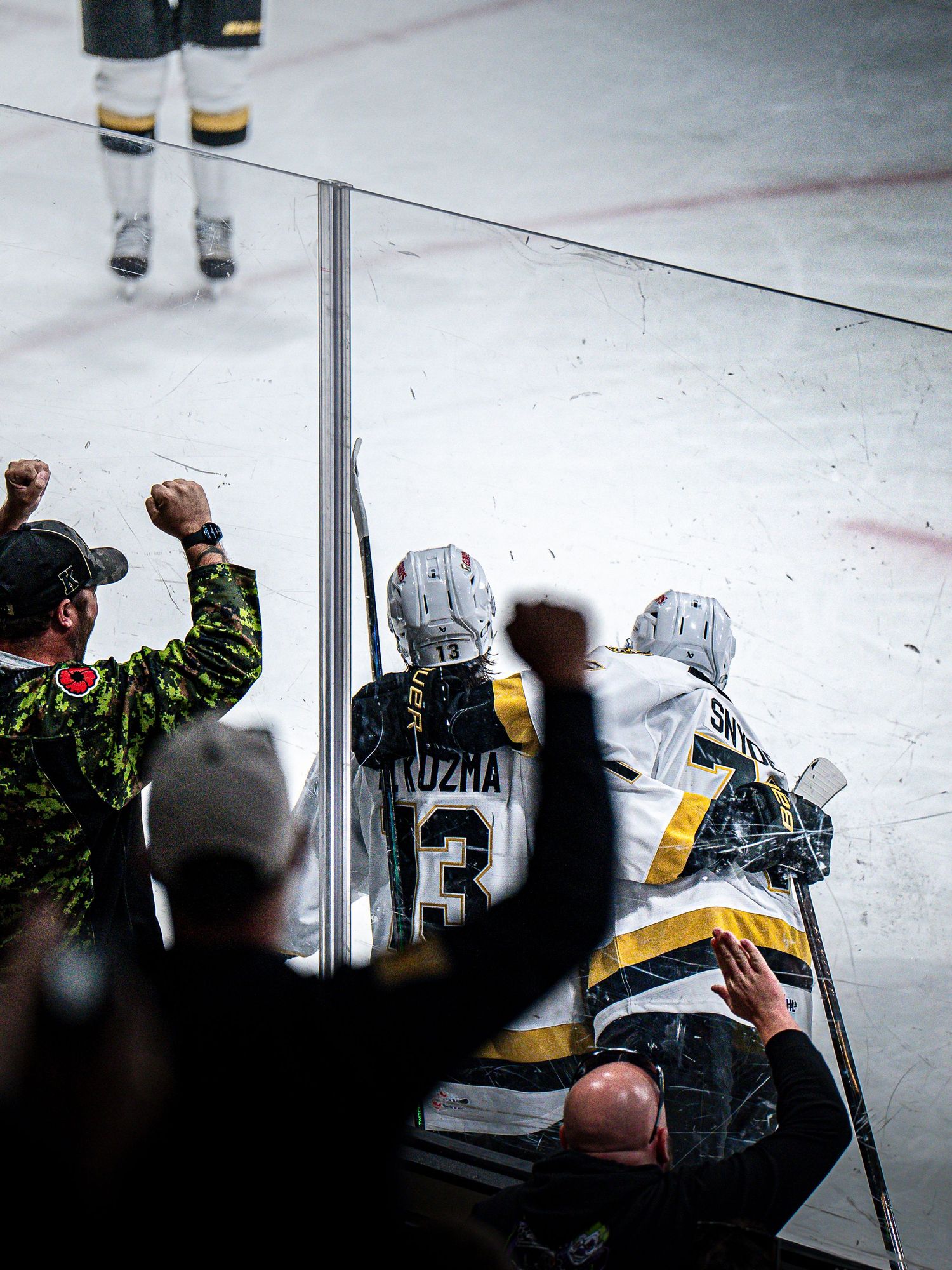 Hockey fans cheer as players press against the glass during an intense game moment.
