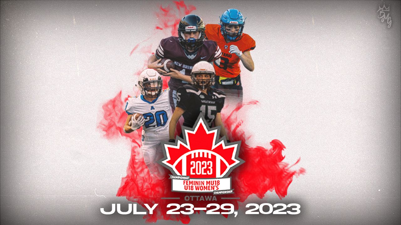 Hockey players in action with Canada Hockey Place 2023 event logo and dates July 23-29 overlaid on red and white background.