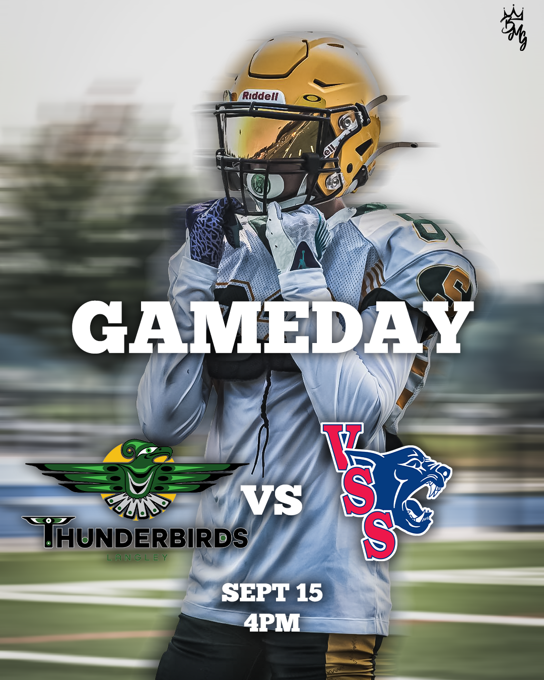 Football players in white and gold uniforms prepare for gameday matchup against opponent team on September 15 at 4pm.