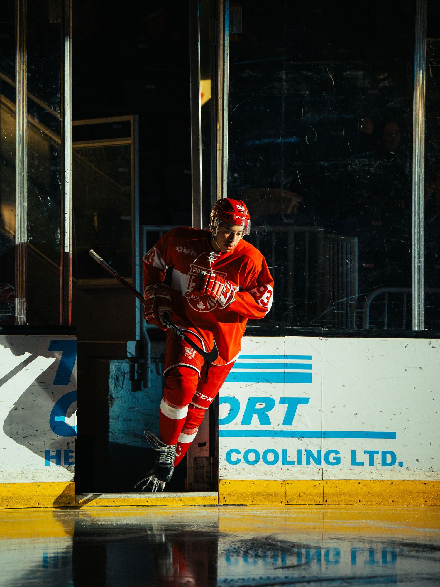 Hockey player in red uniform skating on ice rink with advertising boards visible in background.
