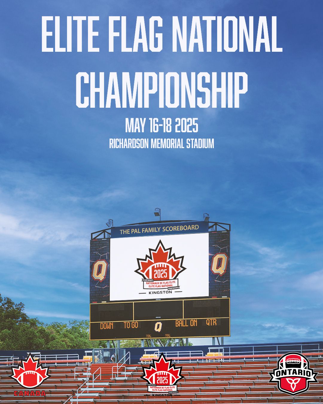 Elite Flag National Championship scoreboard and signage displayed at Richardson Memorial Stadium under blue skies.