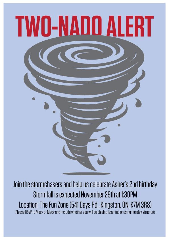 A series of tornado-themed birthday party invitations featuring dark gray cartoon twisters on light blue backgrounds.