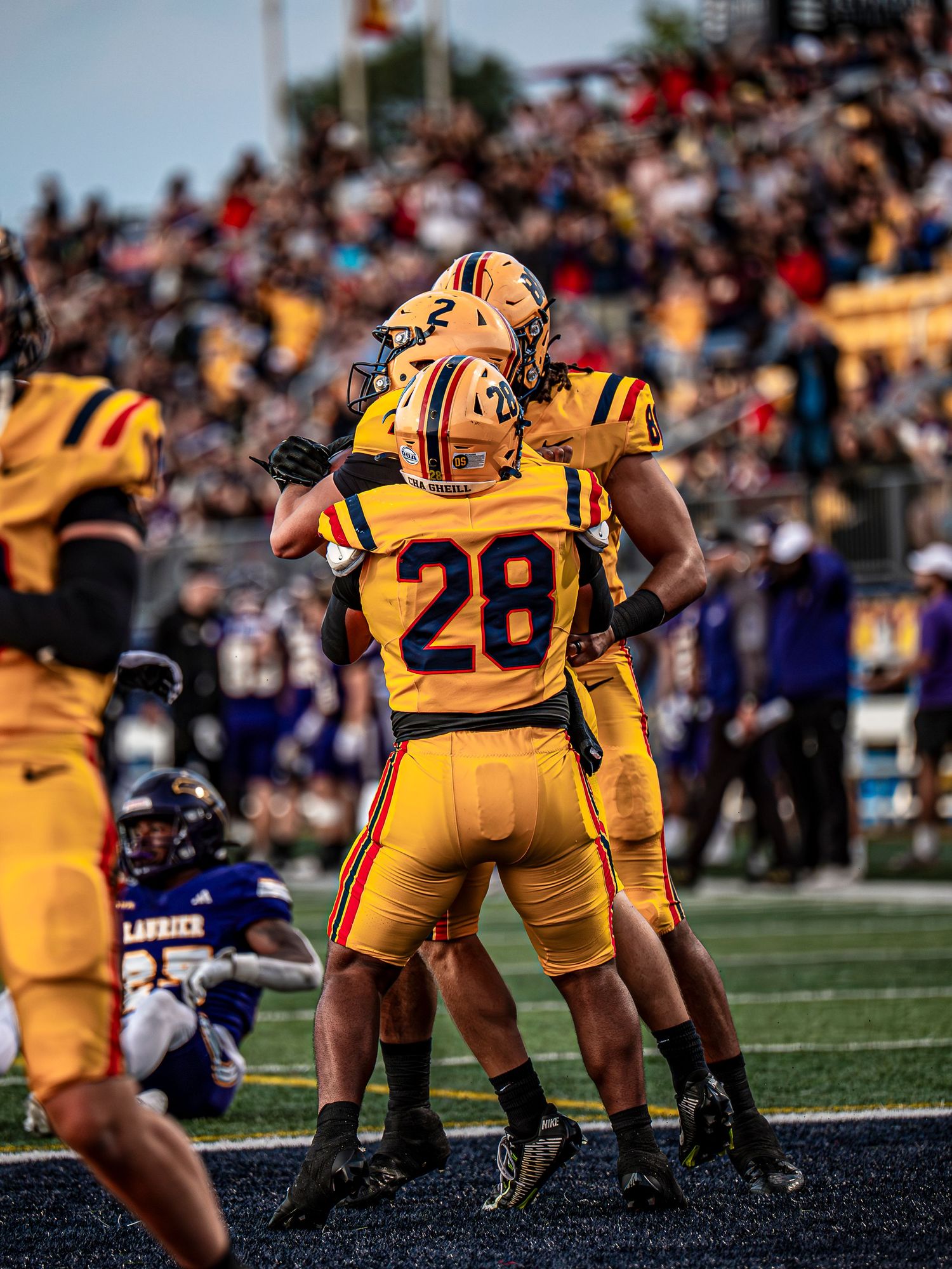 Football players huddle on the field wearing yellow and black uniforms during a night game.