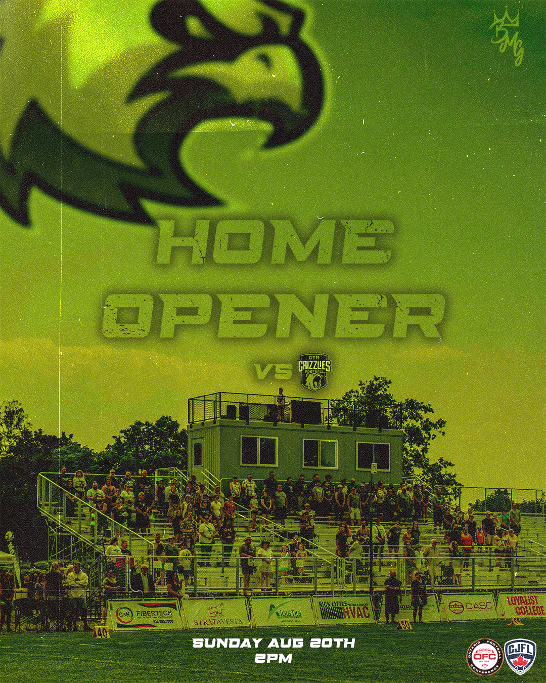 Green-tinted stadium scene showing bleachers filled with spectators under a dark sky during a home opener event.