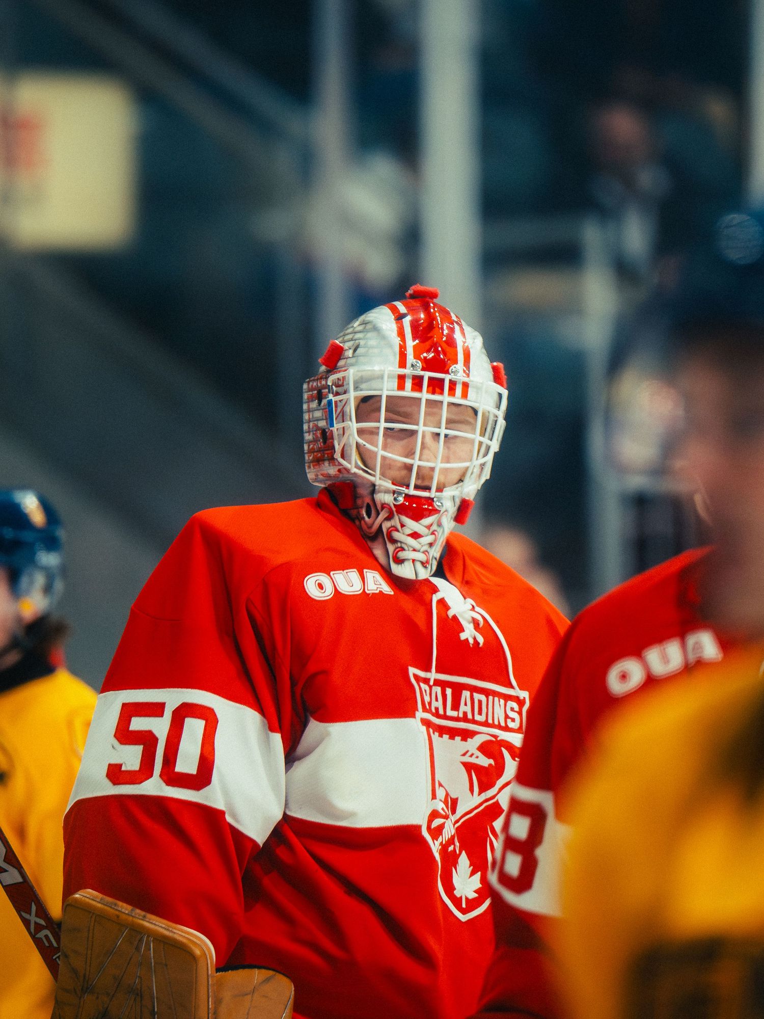 Close-up of hockey players in red and yellow uniforms during game action.