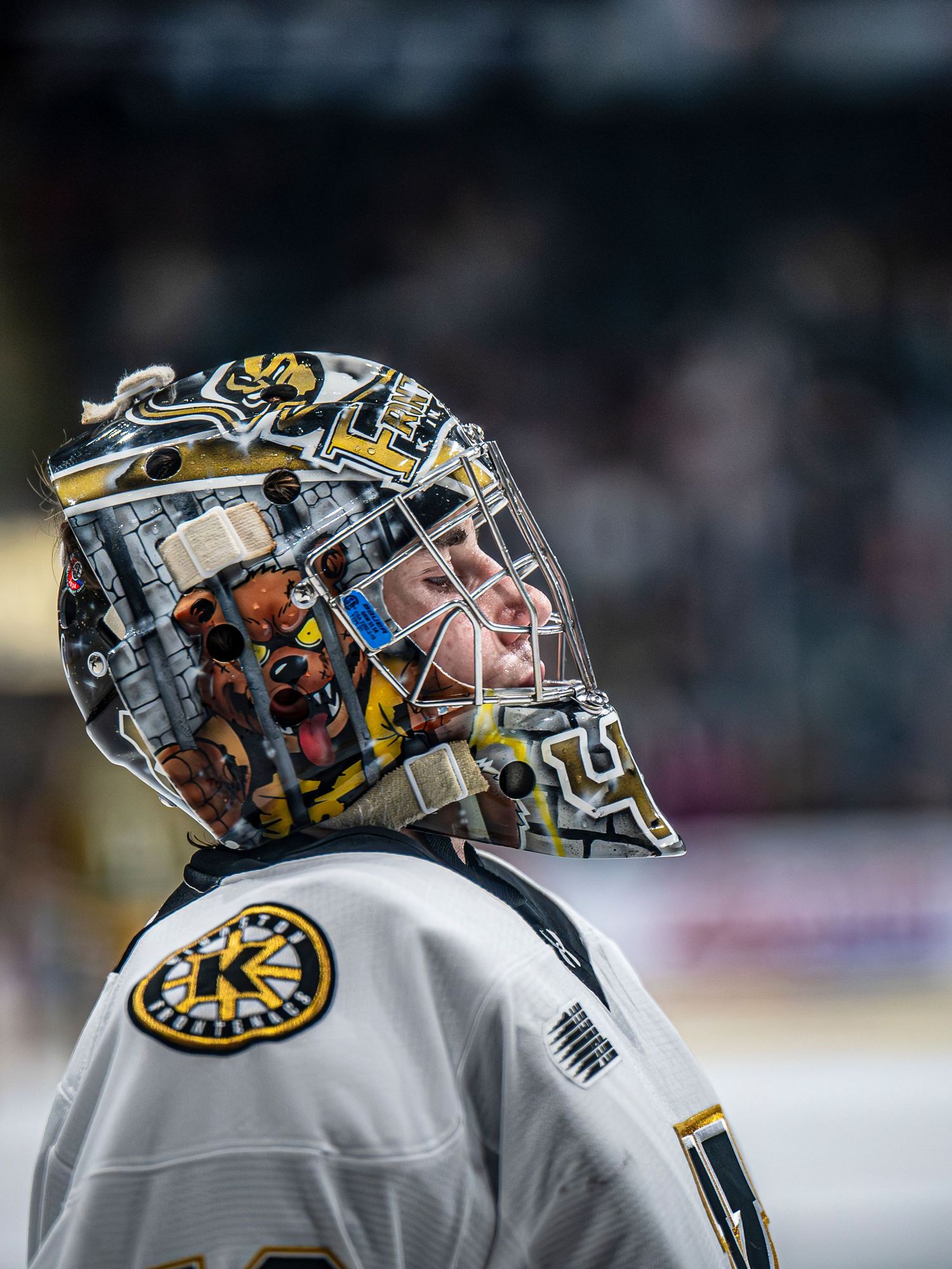 Close-up of hockey goalie mask with detailed artwork and Boston Bruins logo.