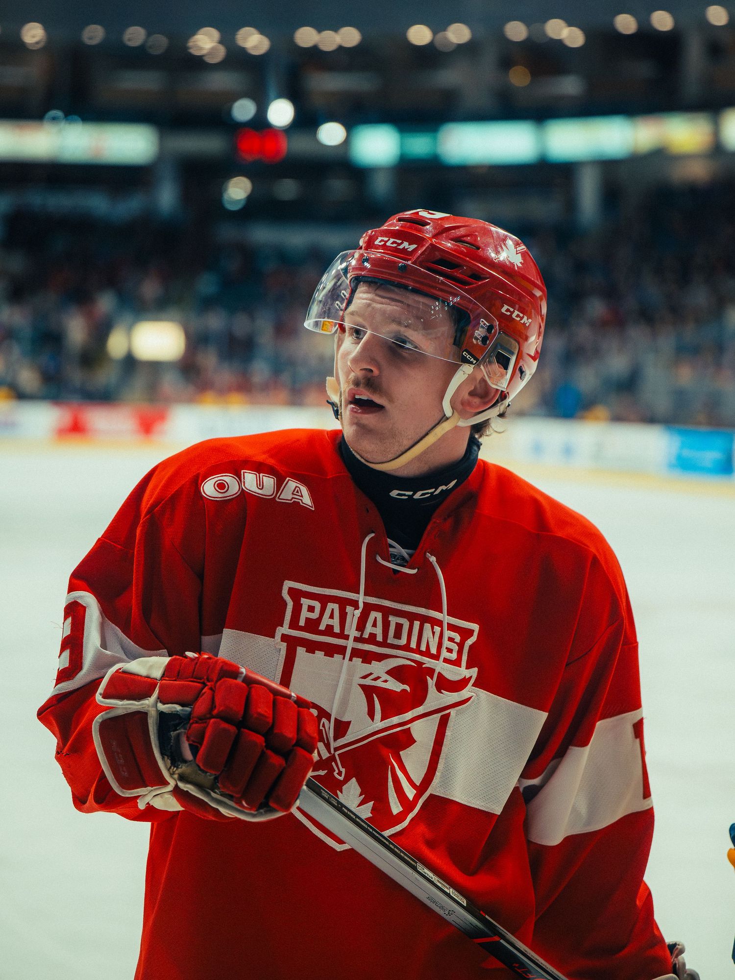 Hockey player in red Paladins jersey prepares for face-off during game.