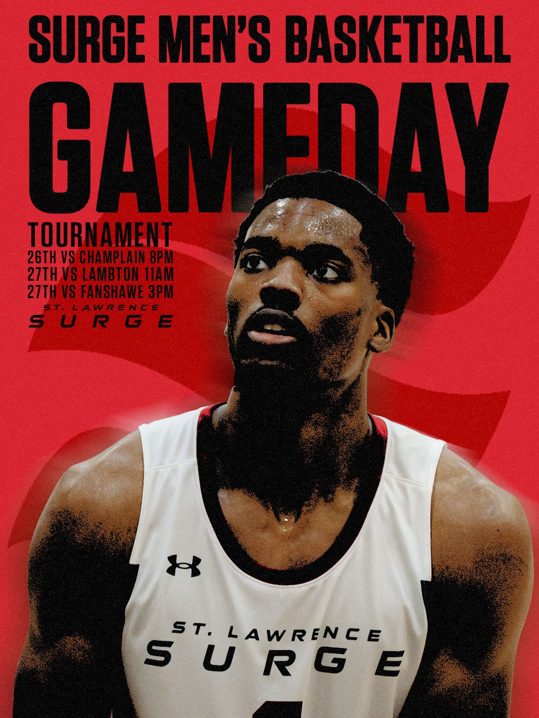 Red basketball promotional banner featuring team branding and tournament details in bold white text against dark background.