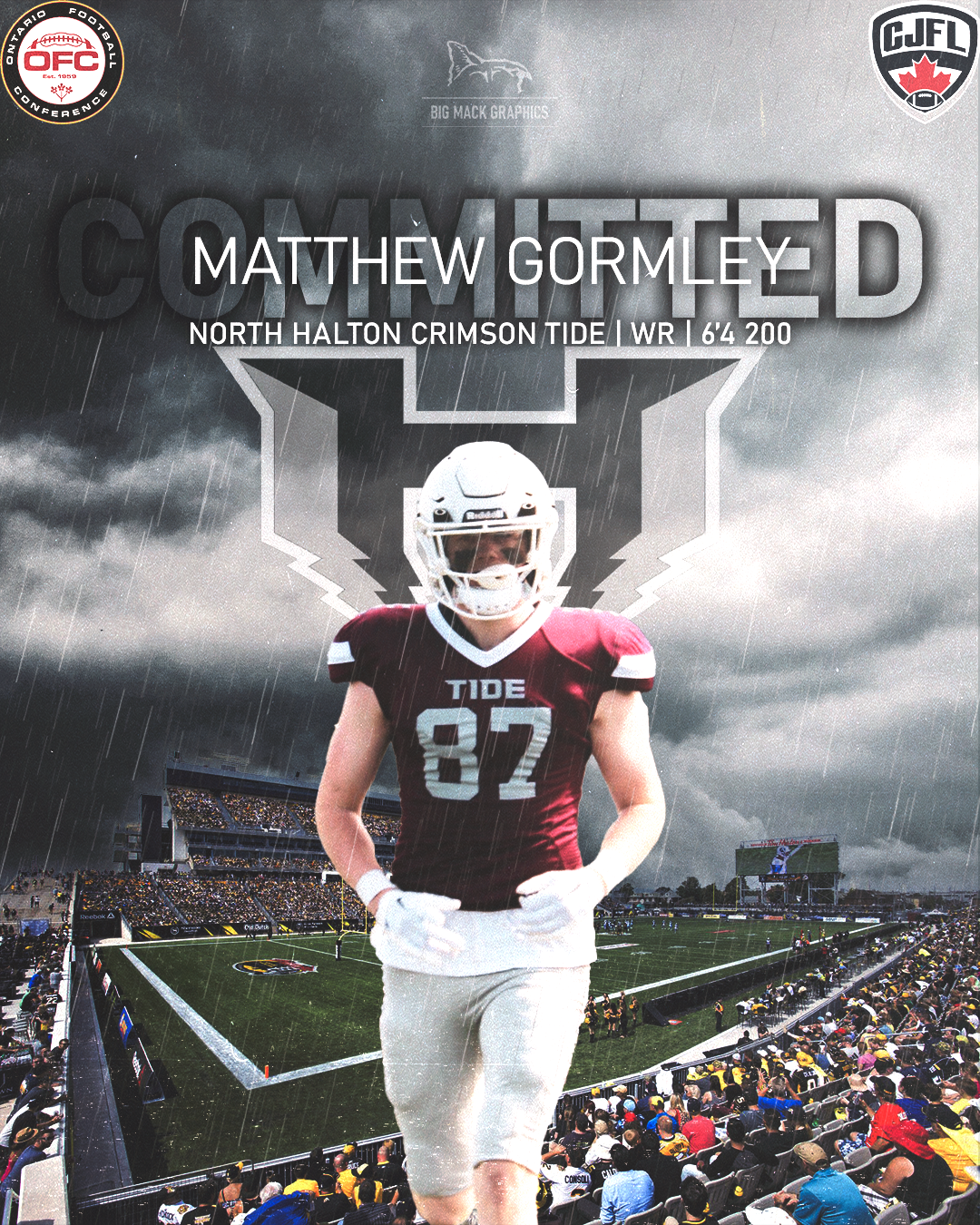 Football player stands on field with stadium crowd and dark stormy clouds in background.