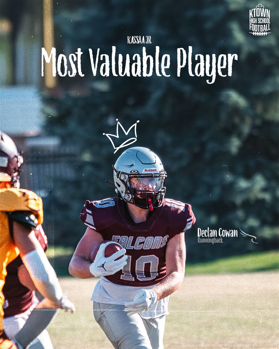 Football player in maroon jersey number 40 runs with ball during game with crown graphic and MVP text overlay.