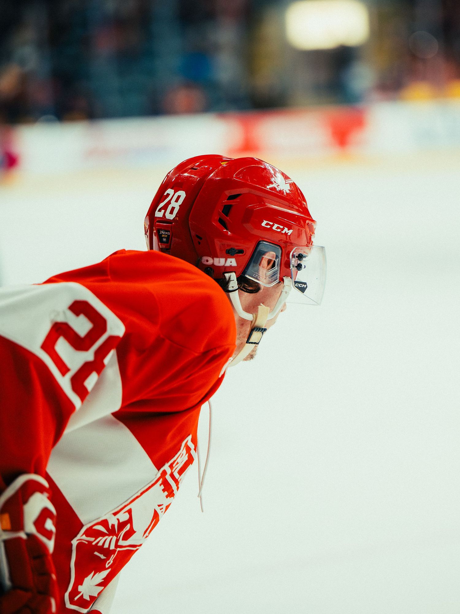 Hockey player wearing red jersey number 28 leaning forward on ice during game.
