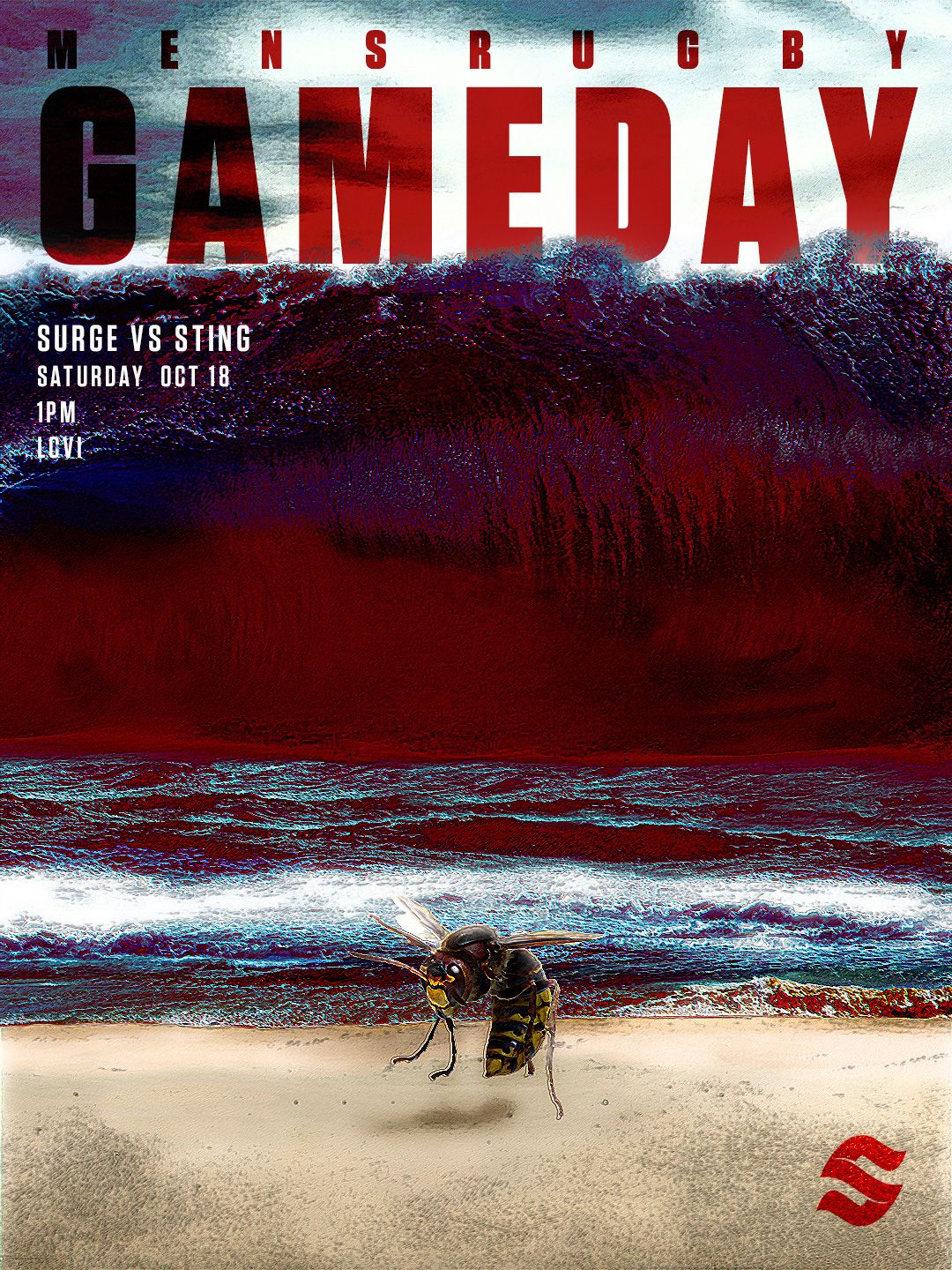 Dramatic rugby gameday poster featuring a dark stormy beach scene with Suzuki logo for Shore vs Sting match.