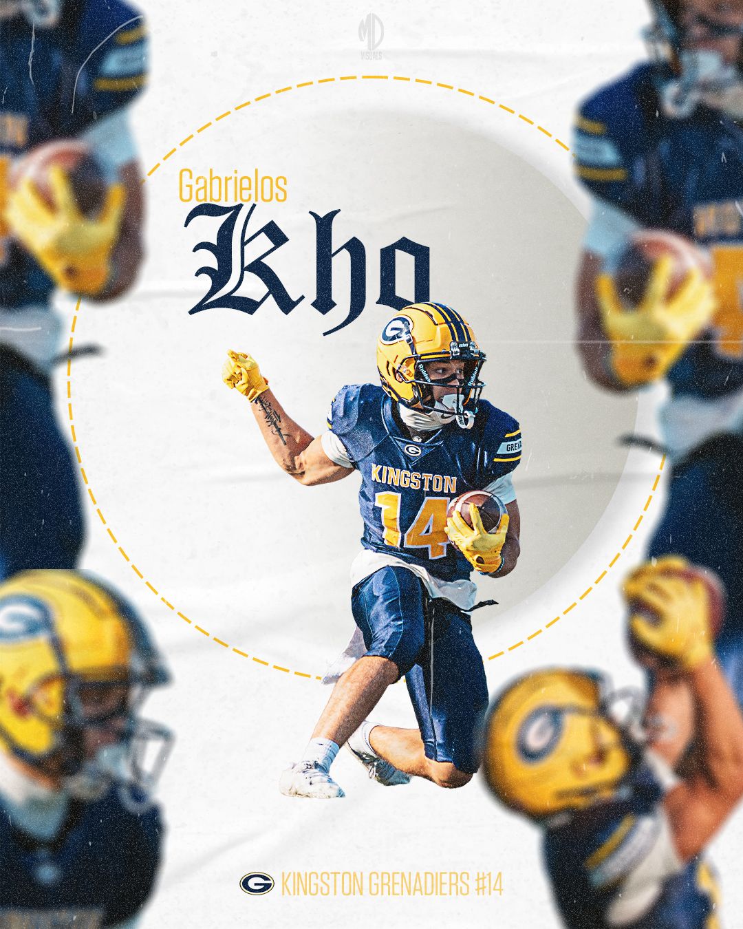 Football players in navy blue and gold uniforms clash during an intense game play moment.