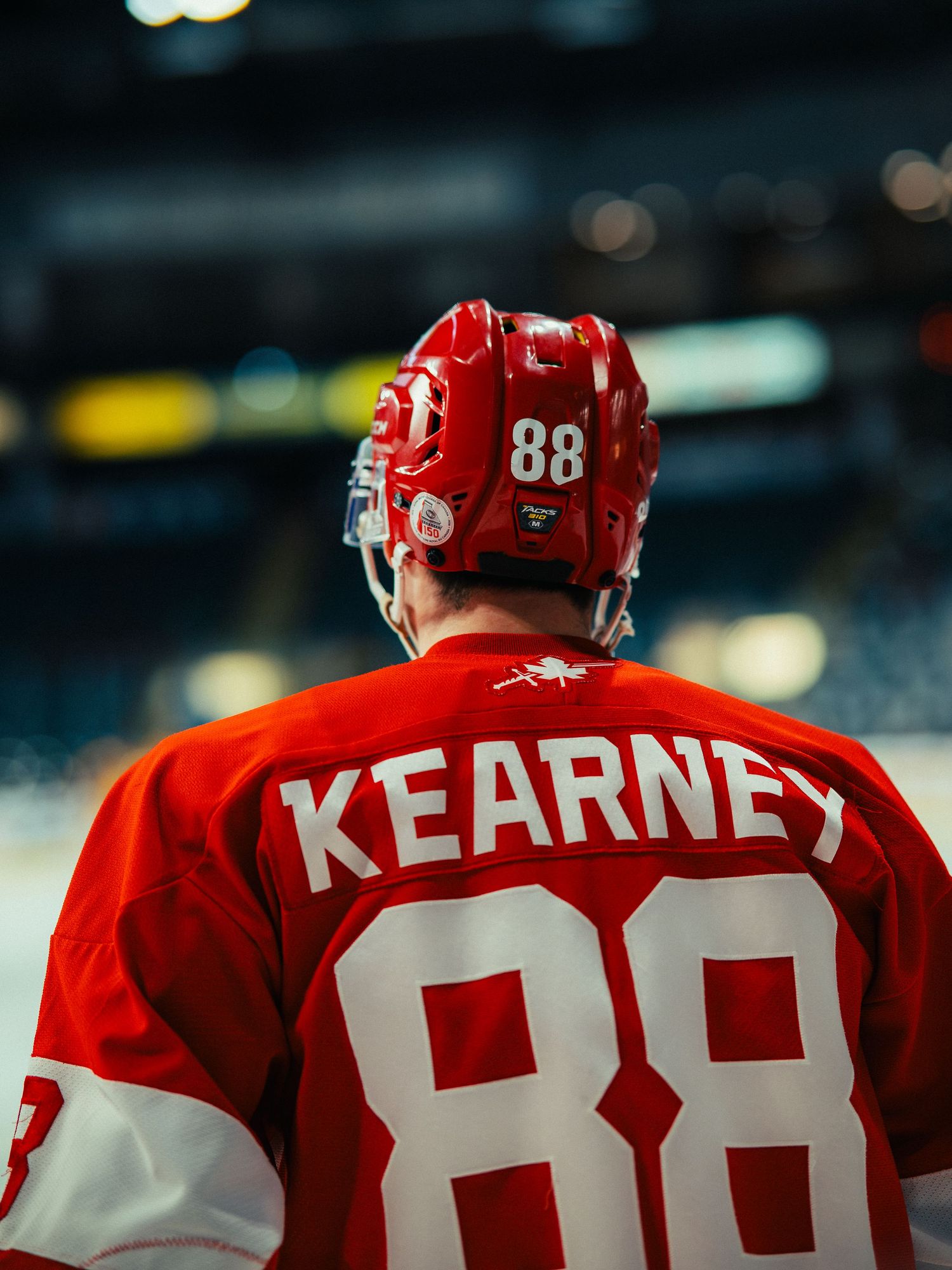 Hockey players in red jerseys with white numbers line up along the bench during a game.