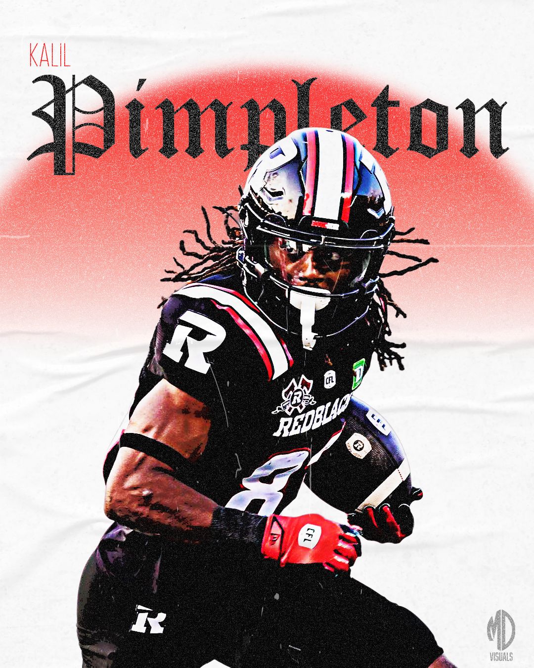 Football player in black and red uniform runs with ball against red background during game action.