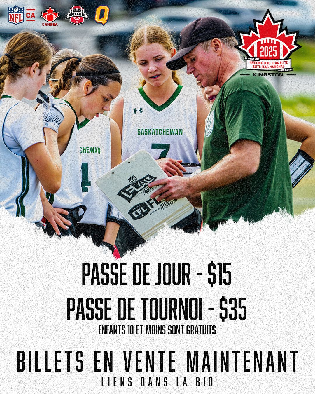 A promotional banner for a sports tournament showing ticket pricing options and people signing autographs.