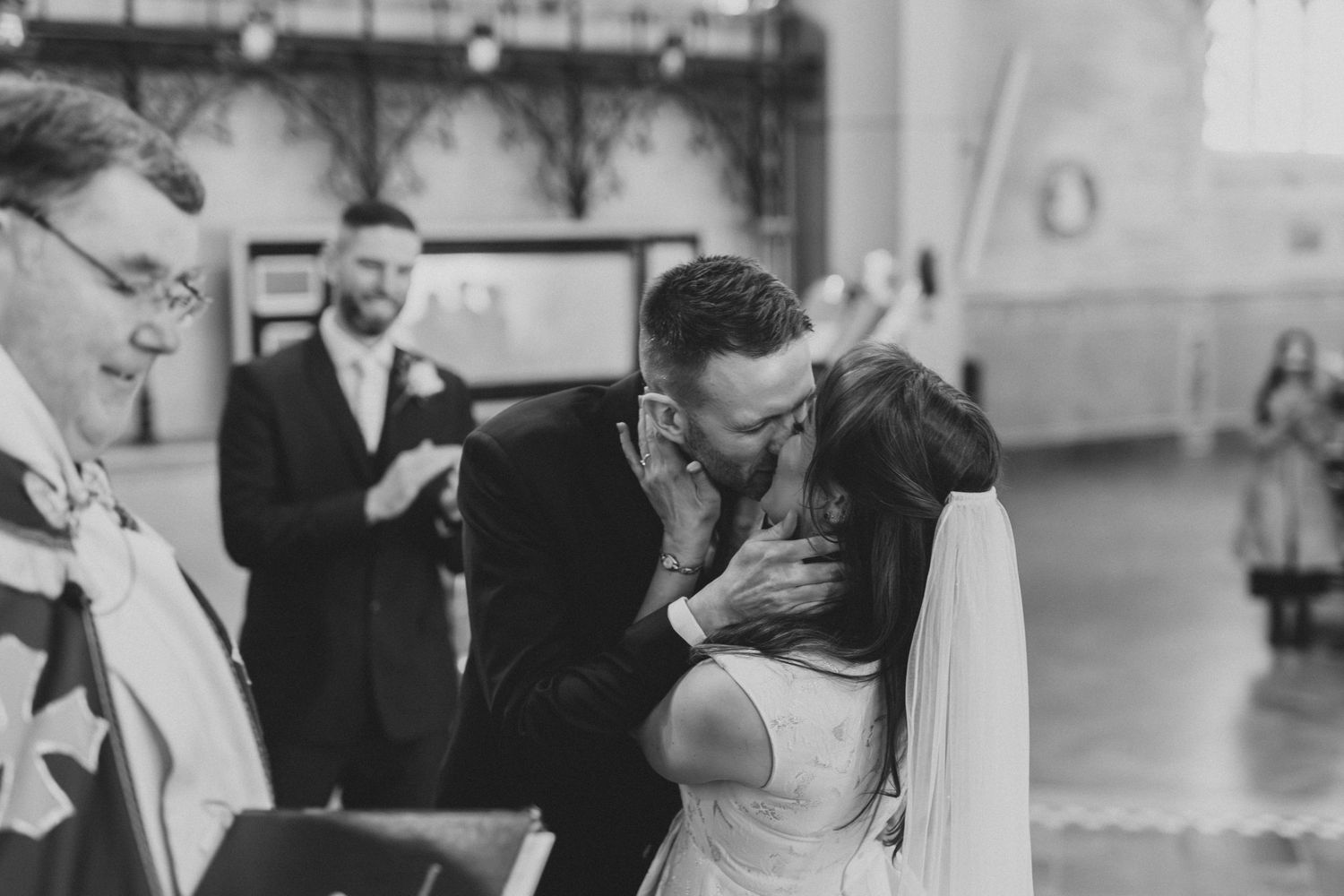 Series of candid emotional moments during a wedding ceremony in a church.