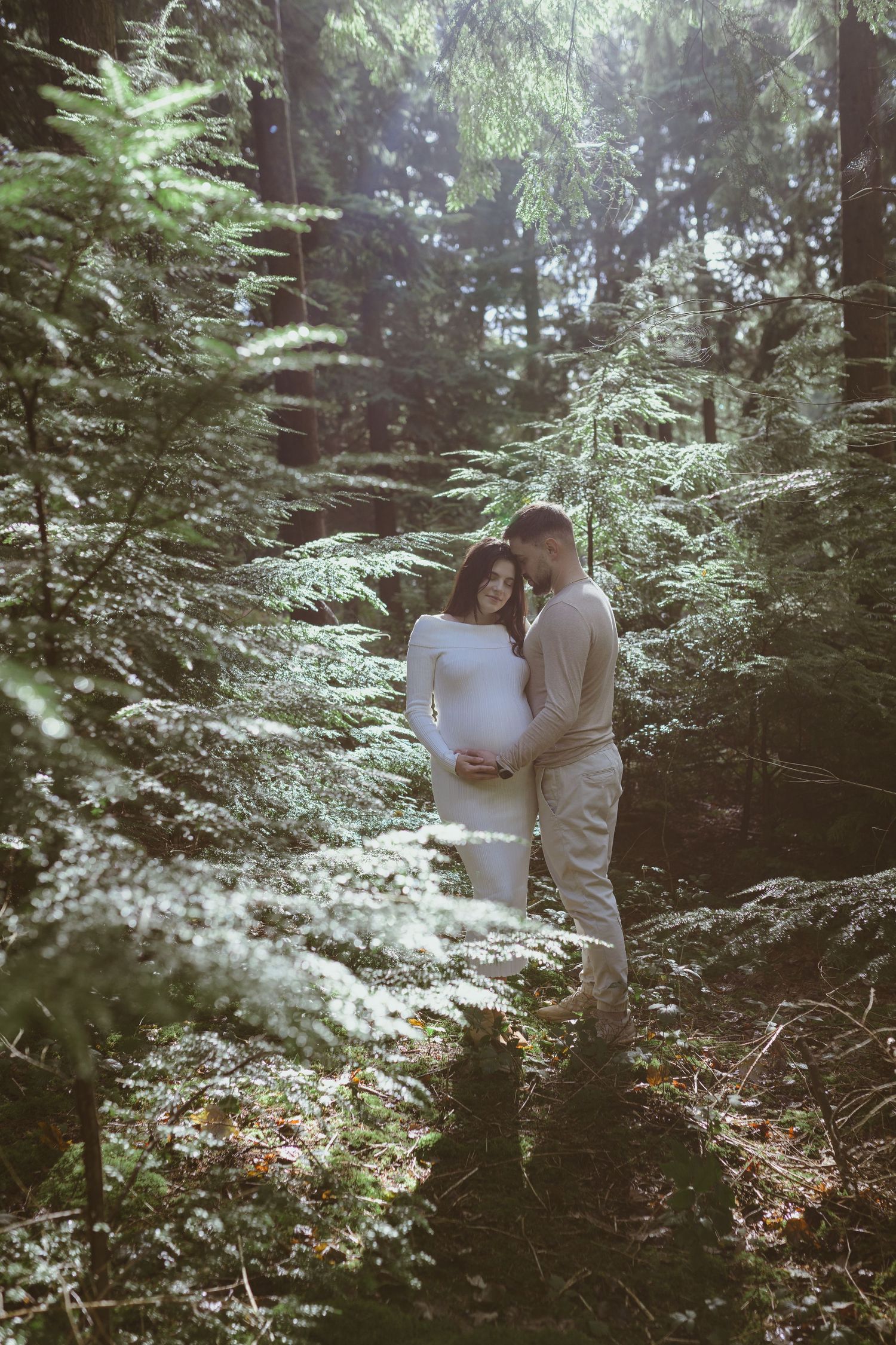 A couple embraces in a misty forest setting surrounded by ferns and evergreen trees.