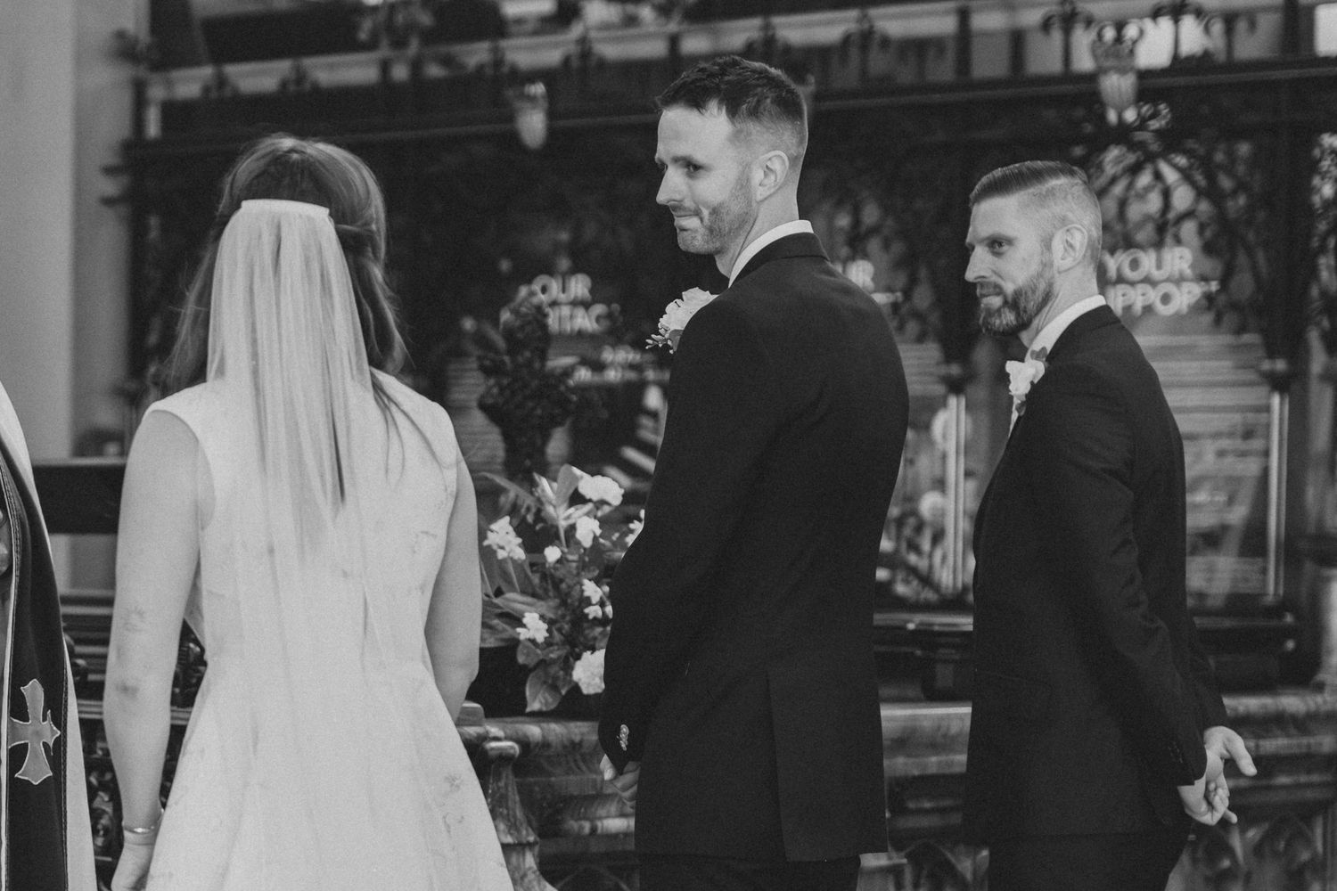 Wedding ceremony sequence showing couple exchanging vows in a traditional church setting.