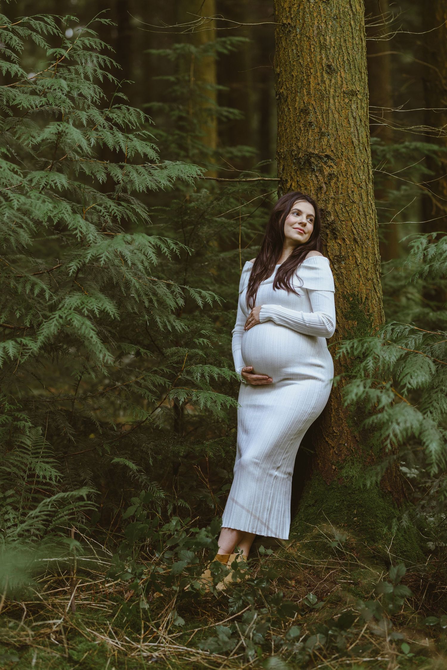 A maternity photo series showing artistic poses against tree trunks in a forest setting.