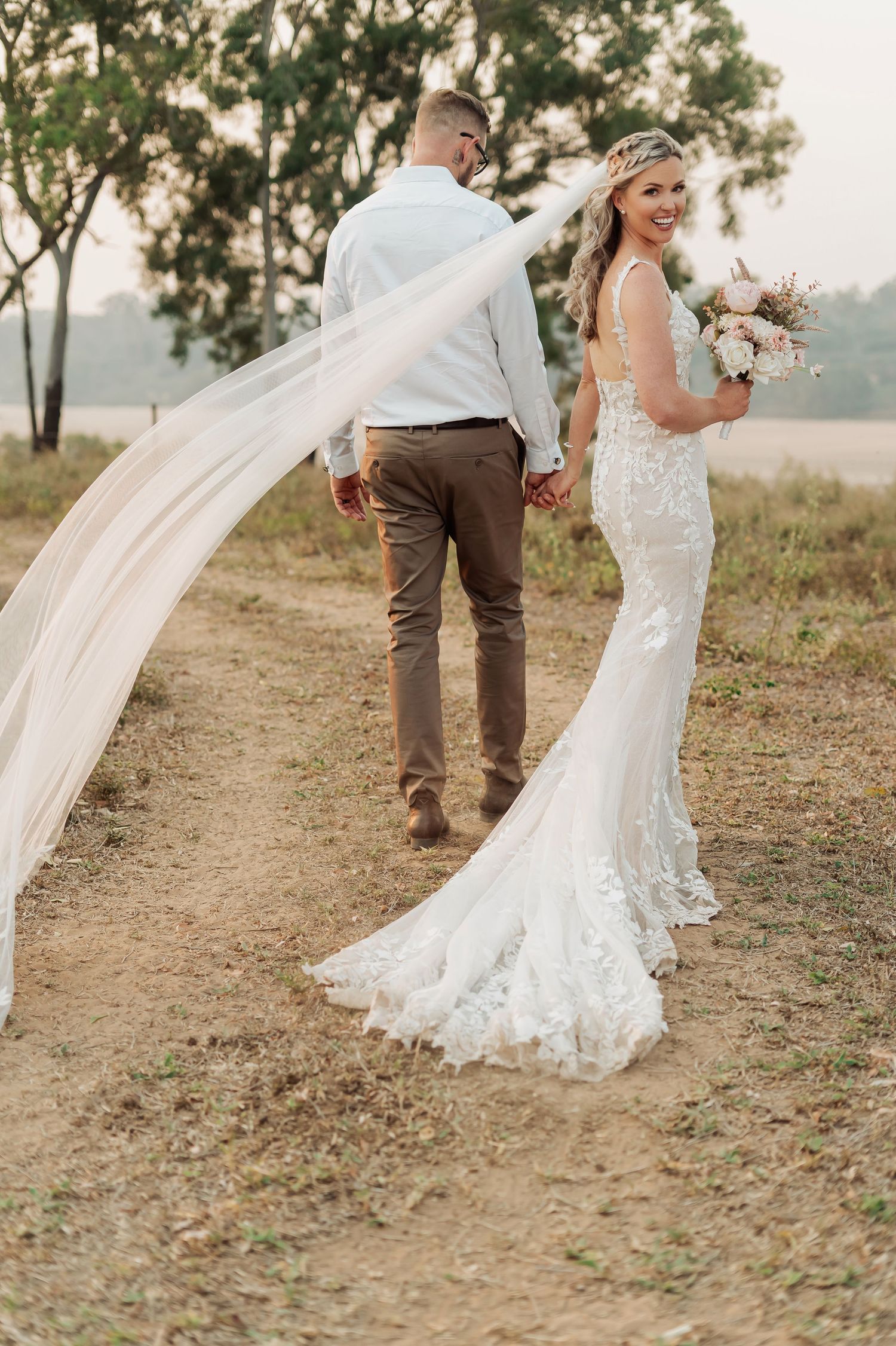 Wedding photography sequence showing flowing veil and lace dress details in an outdoor setting.
