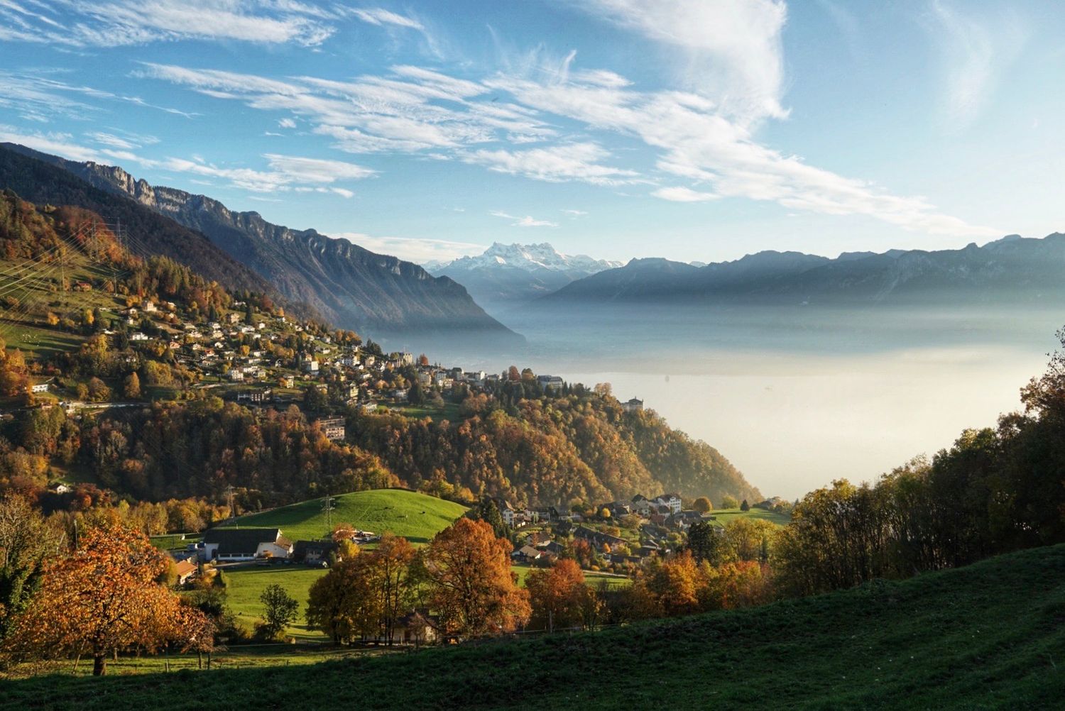 Panoramic mountain landscape with autumn trees and rolling hills overlooking a scenic valley in Switzerland.