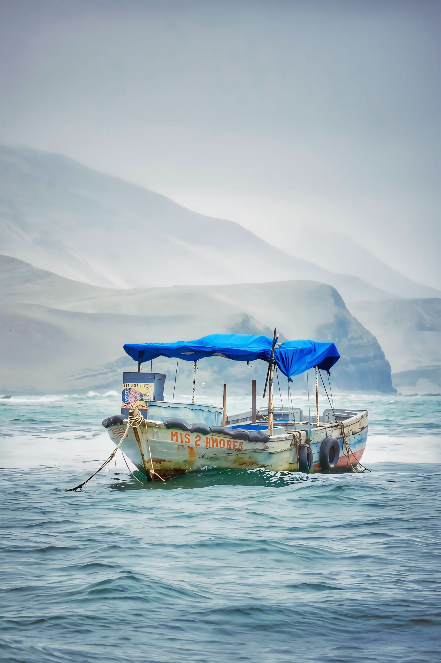 Small fishing boat with blue tarp cover drifts on misty ocean waters with foggy mountains in background.