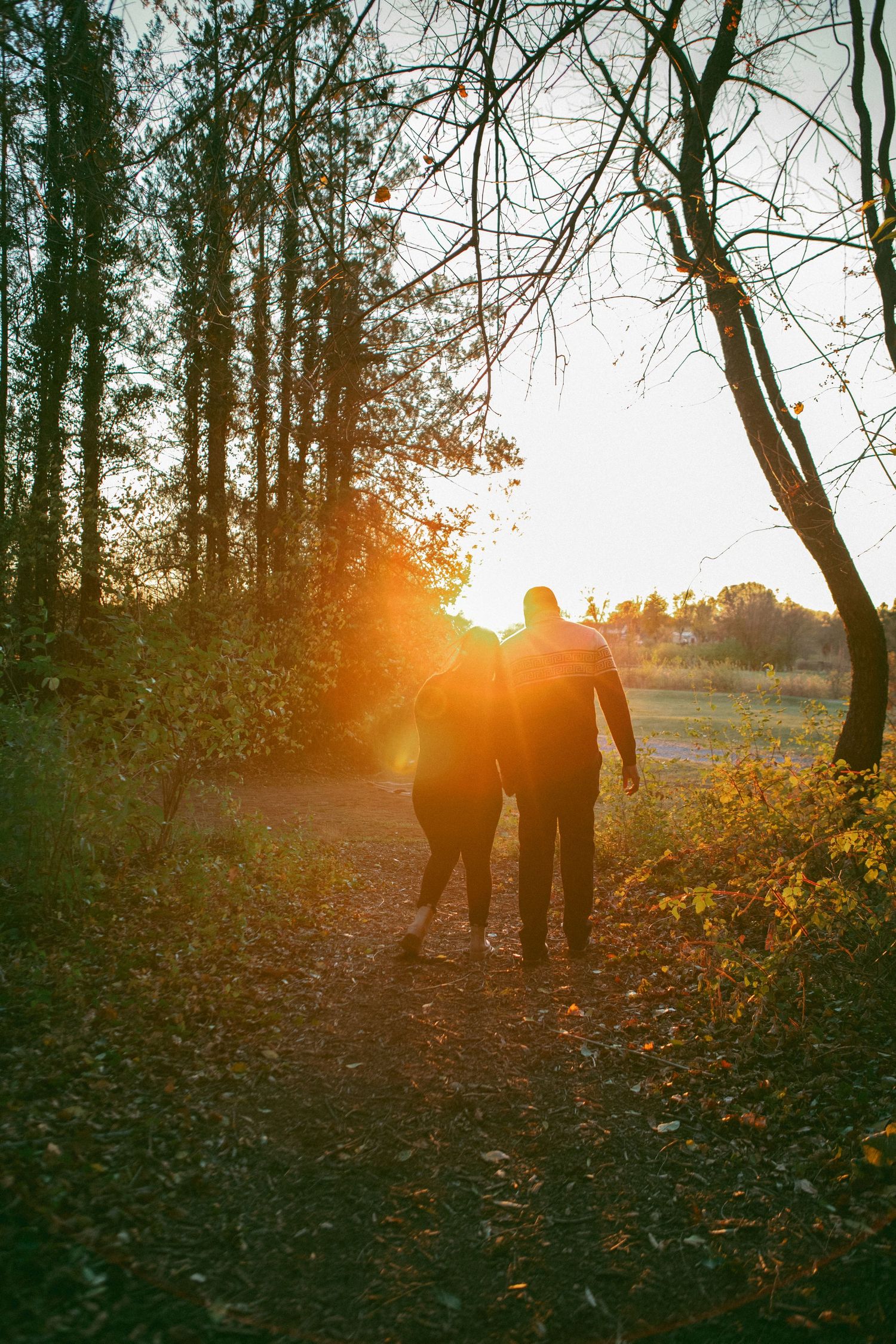 Lancaster, PA couple walking through a forest path at sunset, silhouetted against the golden light, surrounded by trees and autumn foliage