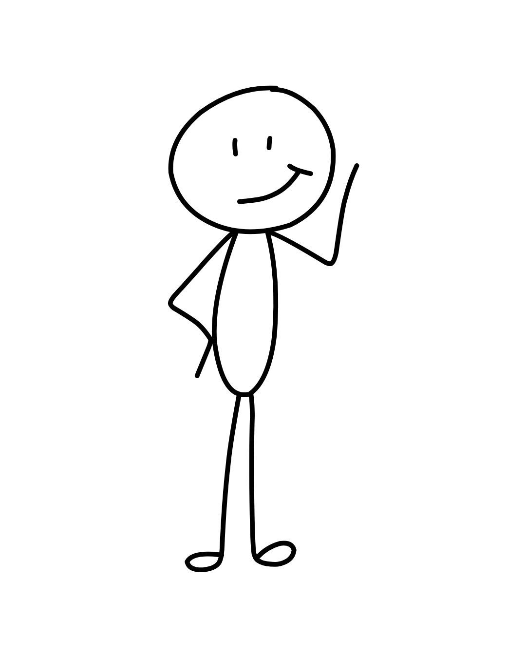 A simple stick figure drawing smiling and raising one arm in a friendly gesture.