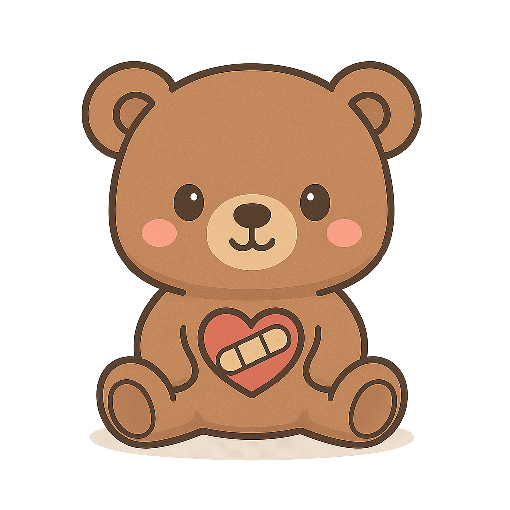 A cute cartoon teddy bear with rosy cheeks and a heart on its chest sitting in a simple illustration style.