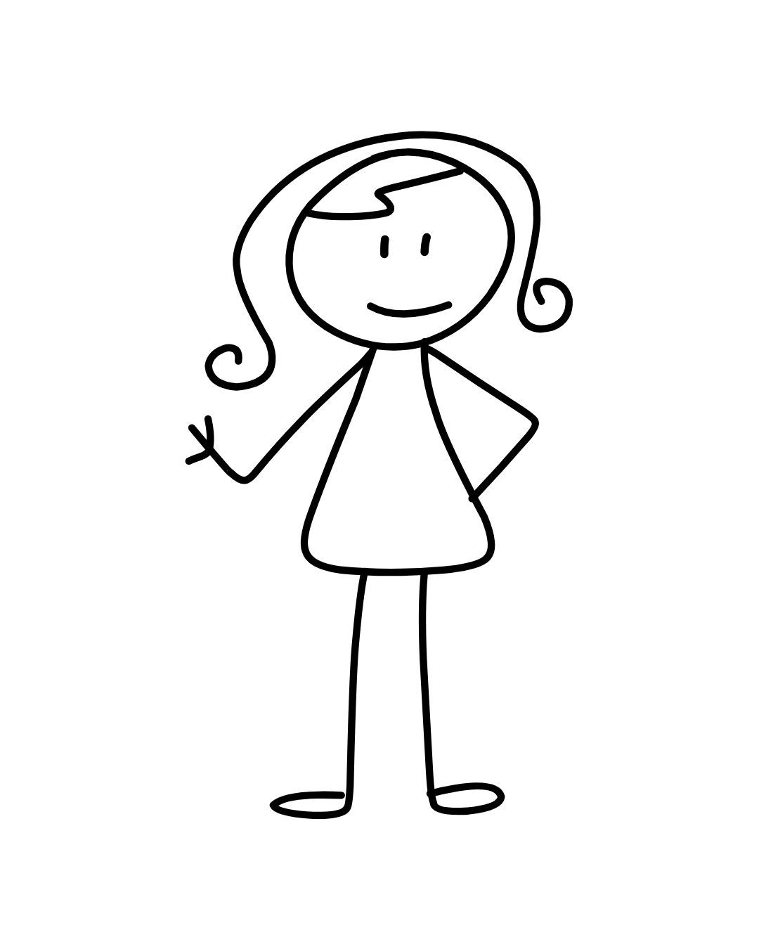 Simple stick figure drawing of a cartoon character with curly hair in a triangular dress striking a friendly pose.