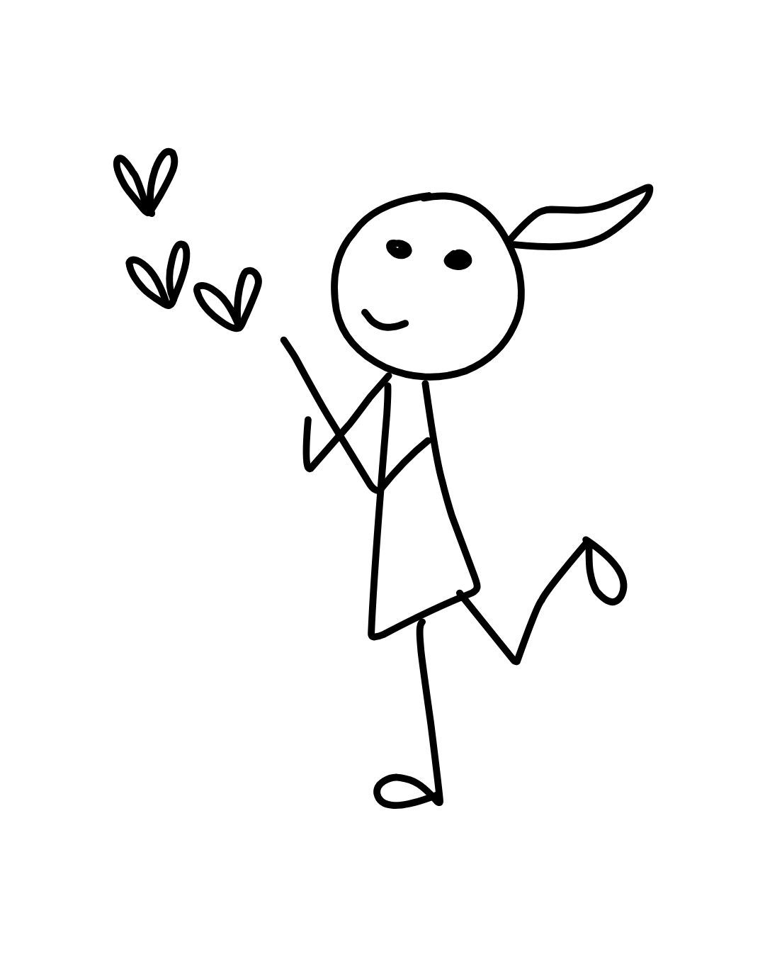A simple stick figure drawing with pigtails blowing hearts into the air in a whimsical gesture.