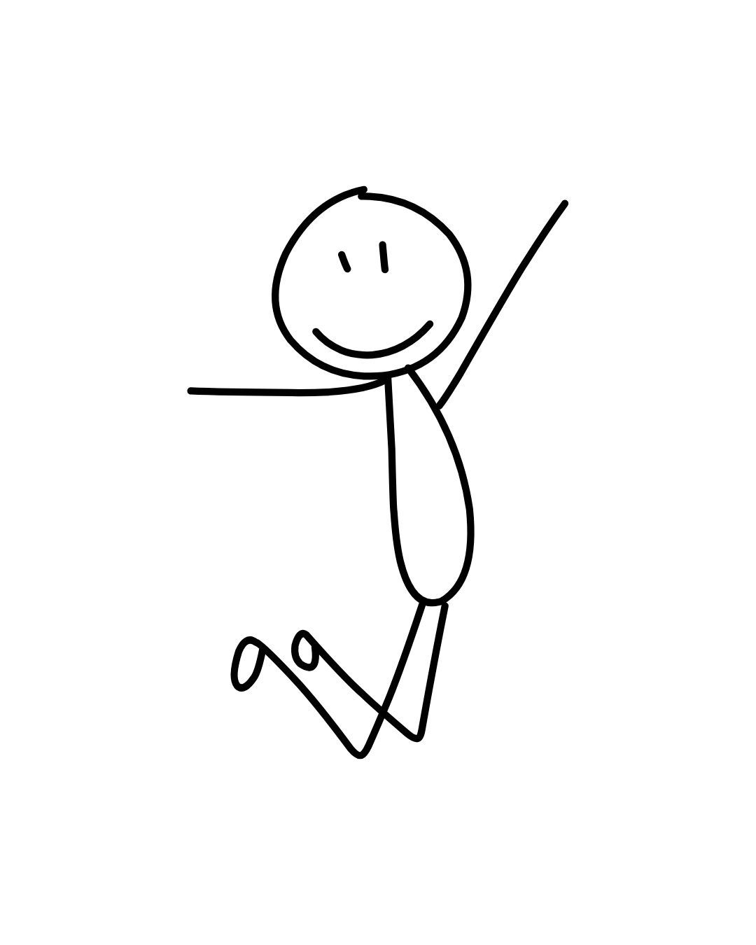 A simple stick figure drawing jumping joyfully with raised arm and a happy smiling face.