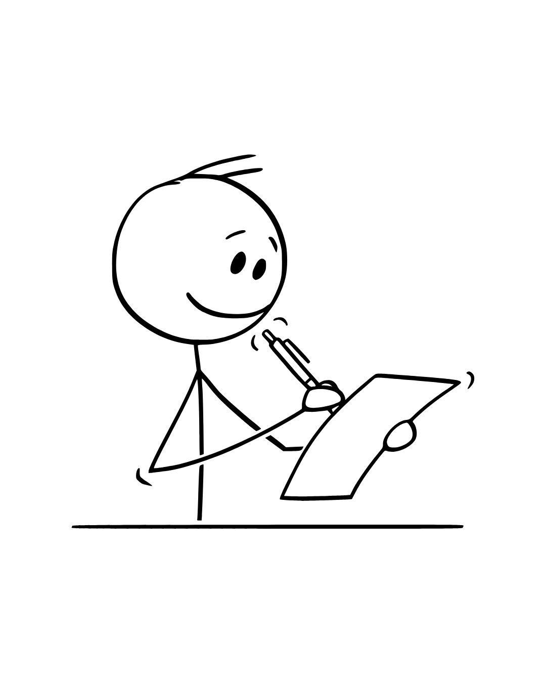 Simple stick figure character smiling while writing or taking notes on a piece of paper with a pencil.