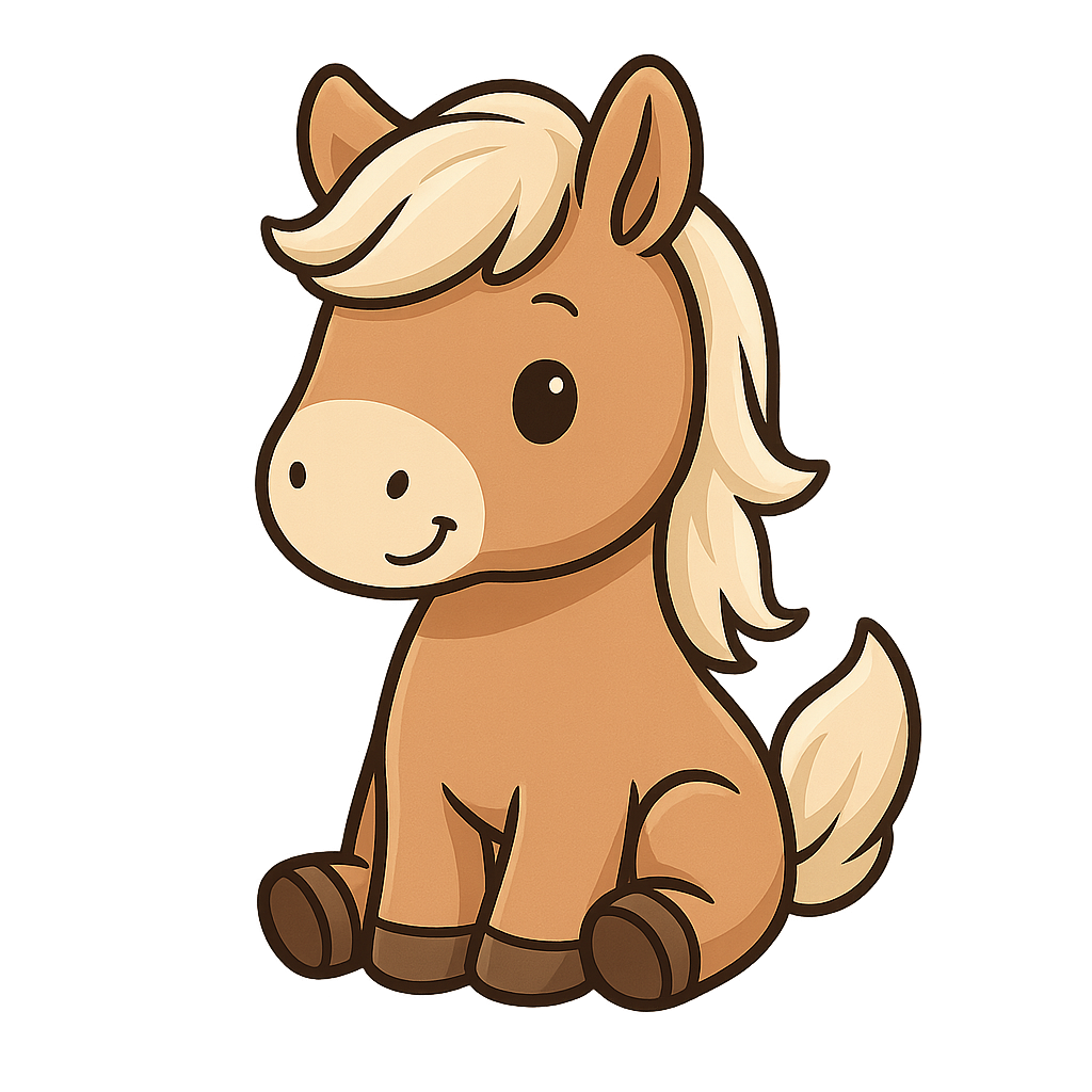 Cute cartoon brown baby horse with cream mane sitting with a small smile on black background.