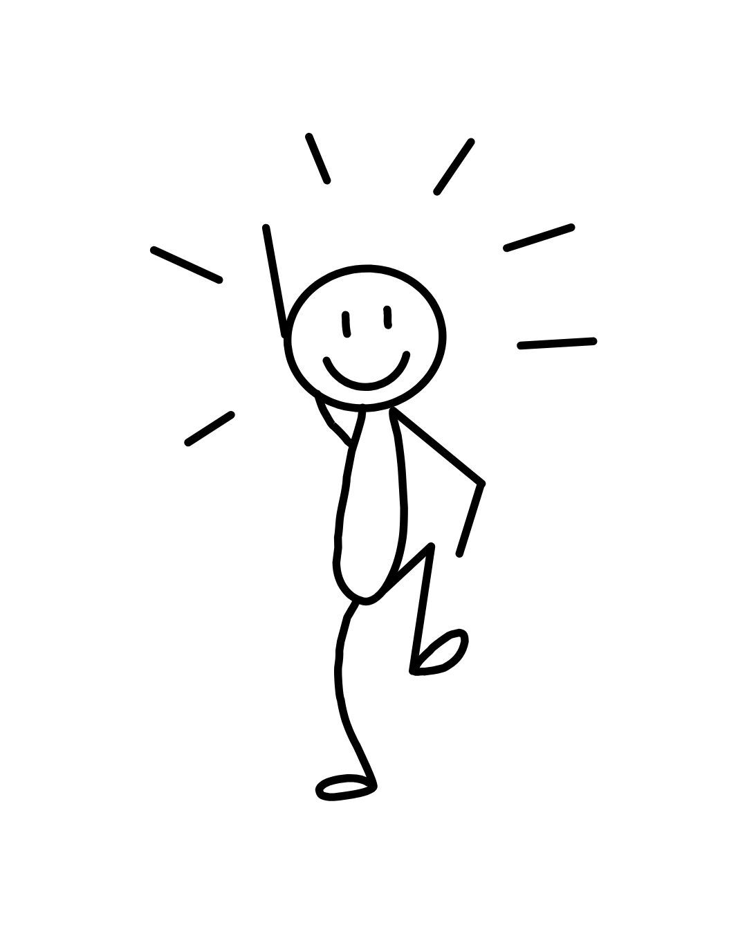 A simple stick figure drawing with a smiling face radiating positive energy and happiness.