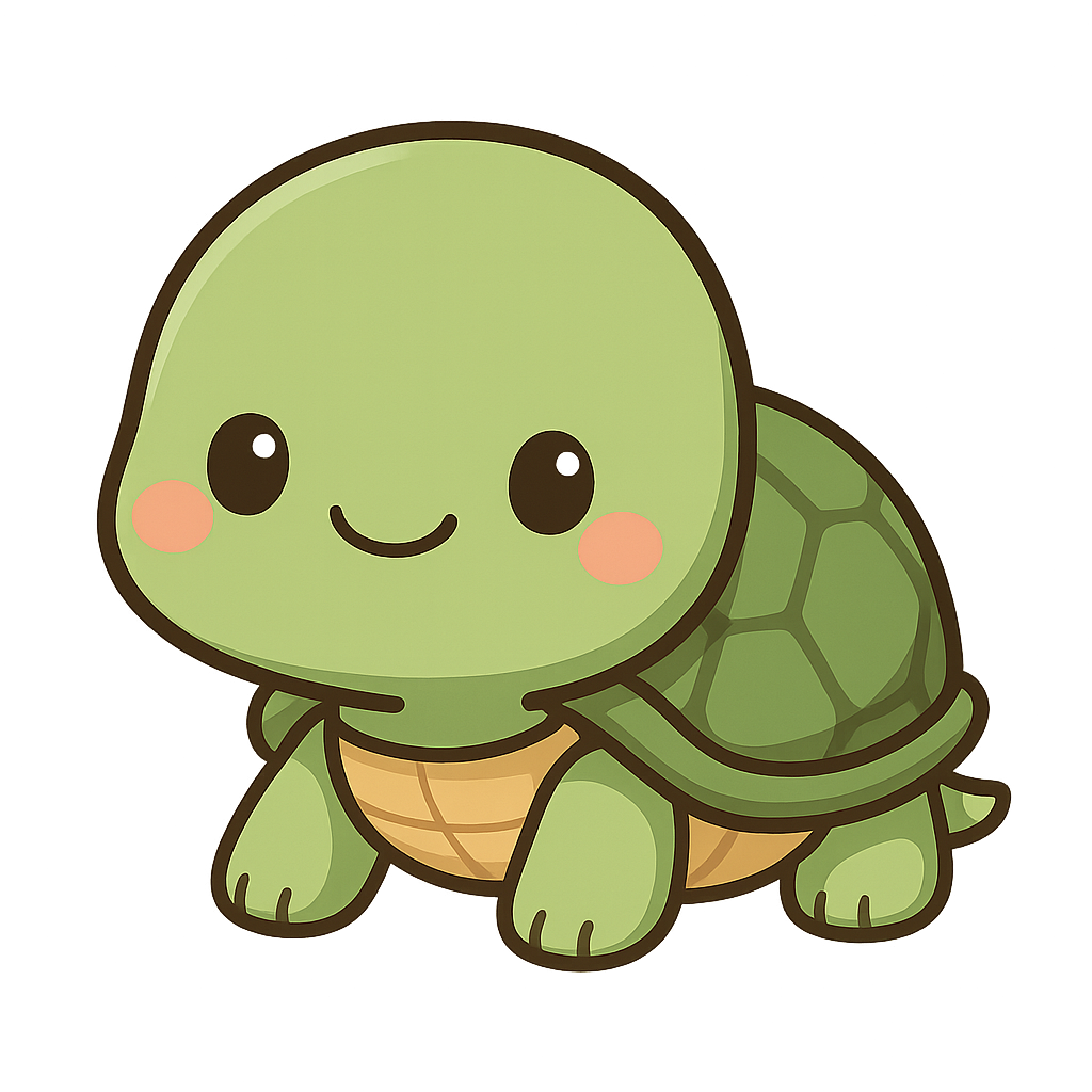 Cute cartoon turtle character with round green head, smiling face, rosy cheeks and brown shell drawn in kawaii style.