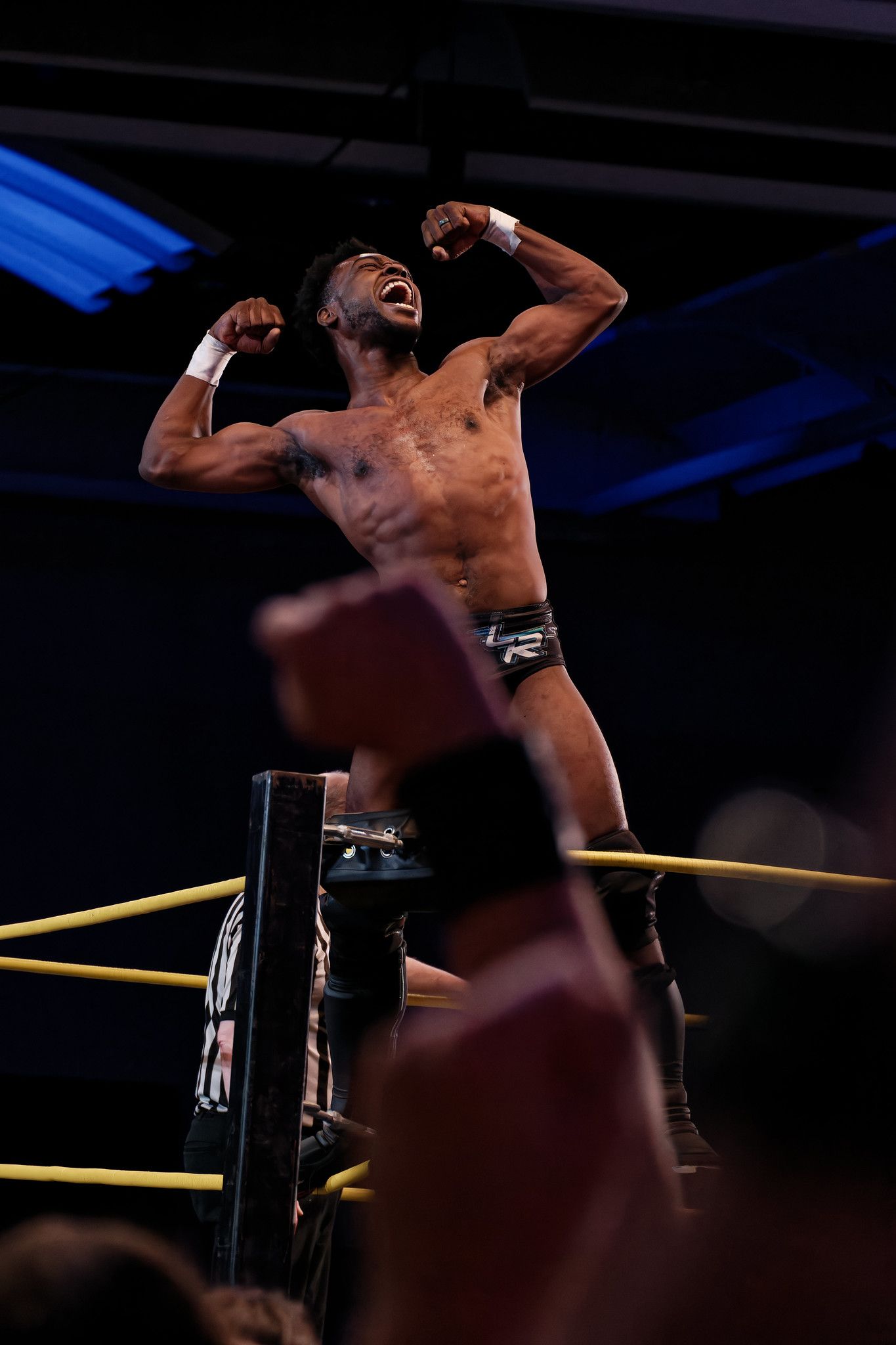 Wrestler celebrating victory on turnbuckle in wrestling ring with dramatic lighting.