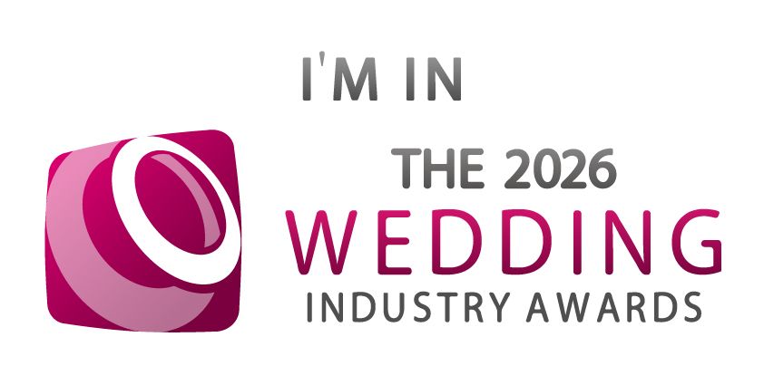 Pink and gray marketing banner for The 2026 Wedding Industry Awards featuring award trophy icon and text.