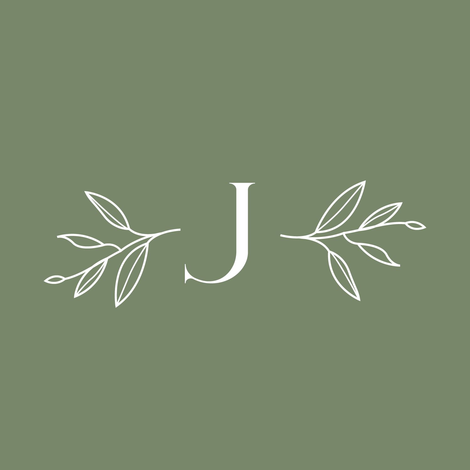 Minimalist monogram logo design with letter J and botanical leaves on sage green background.