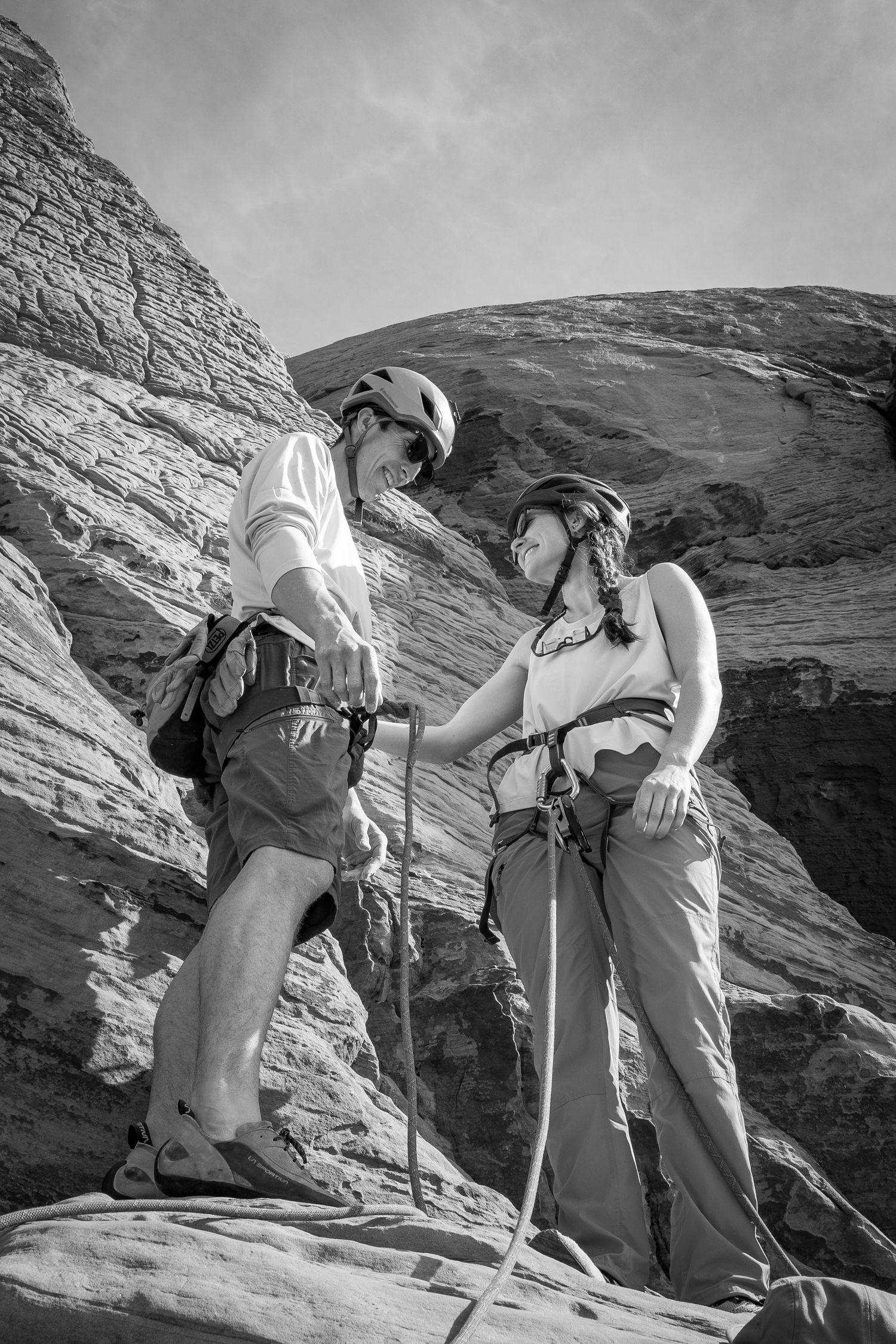 A couple gearing up to climb in Red Rocks, Nevada on their wedding day.