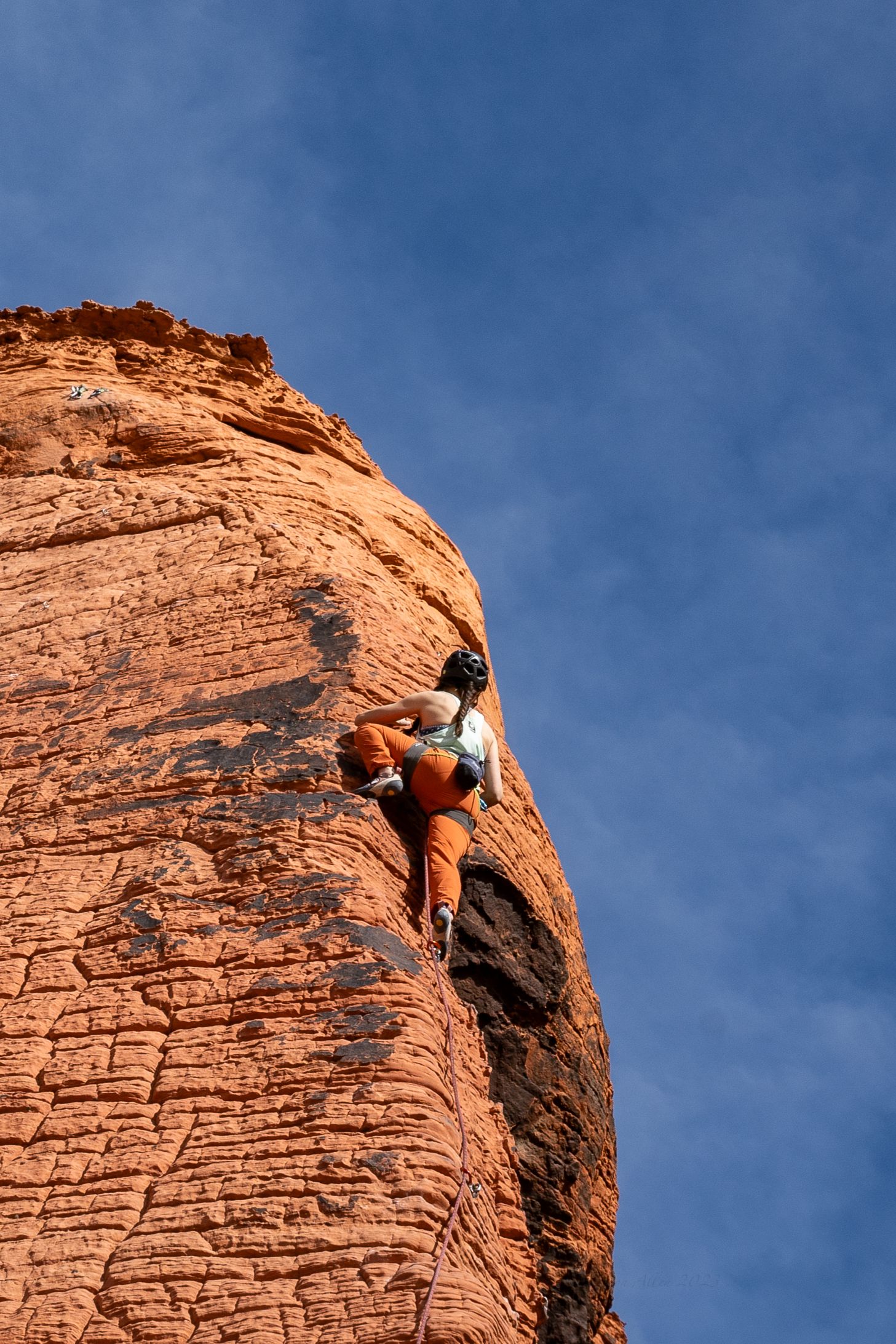 A girl climbing in Red Rocks, Nevada on her wedding day.