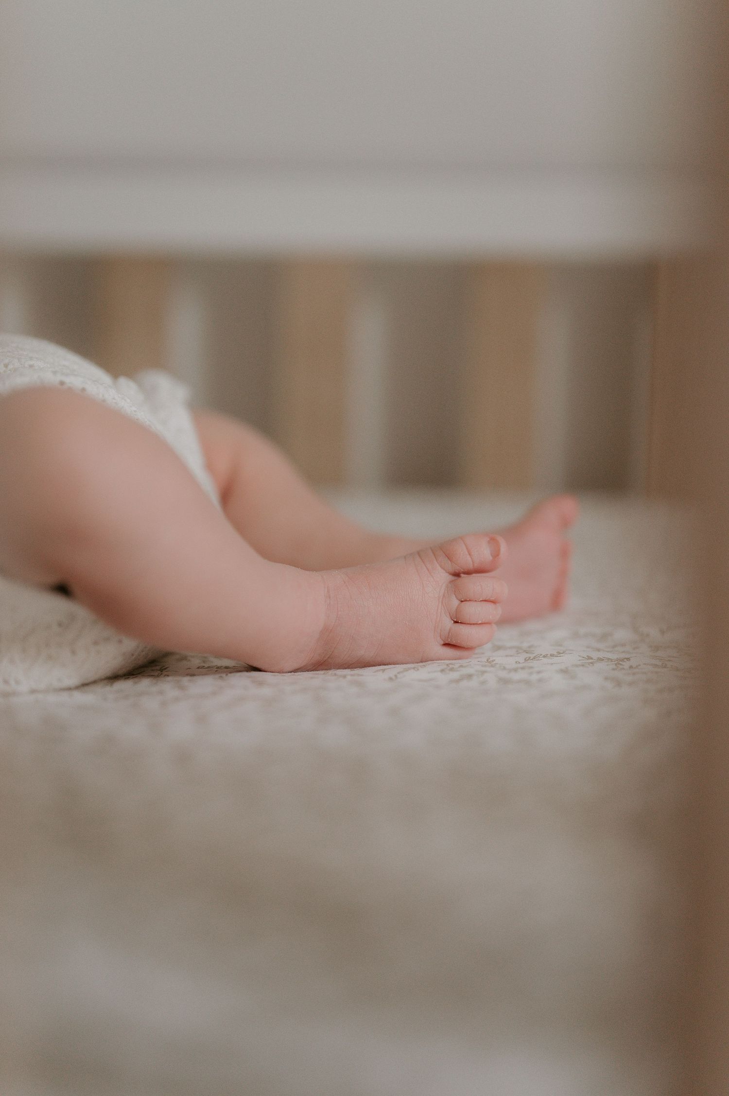Close-up of tiny baby feet resting on soft white textured fabric in gentle natural lighting.