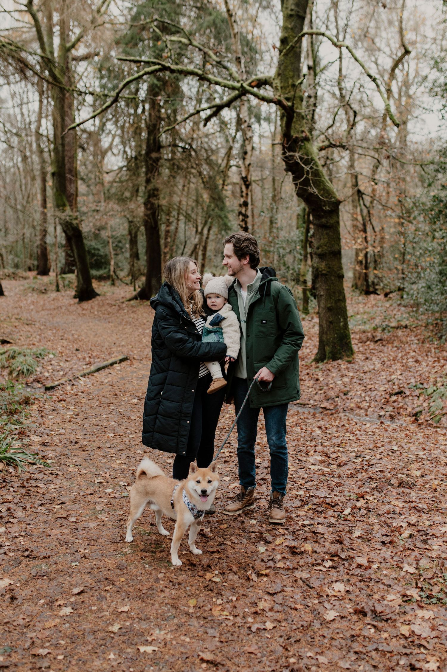 A couple and their yellow labrador dog enjoy a peaceful autumn walk through a wooded area covered in fallen leaves.