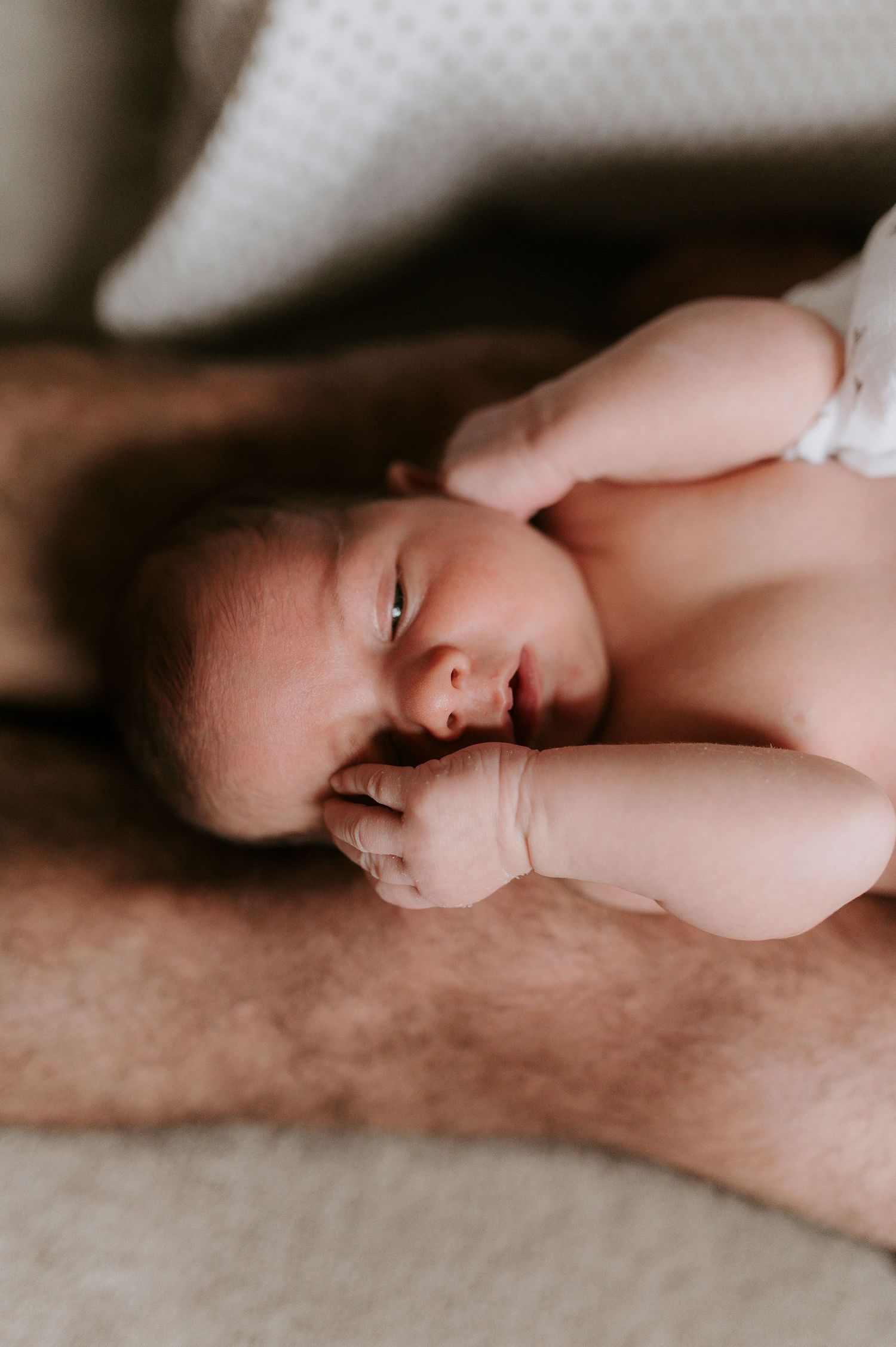 A series of intimate black and white photographs showing a sleeping baby on a soft textured surface.