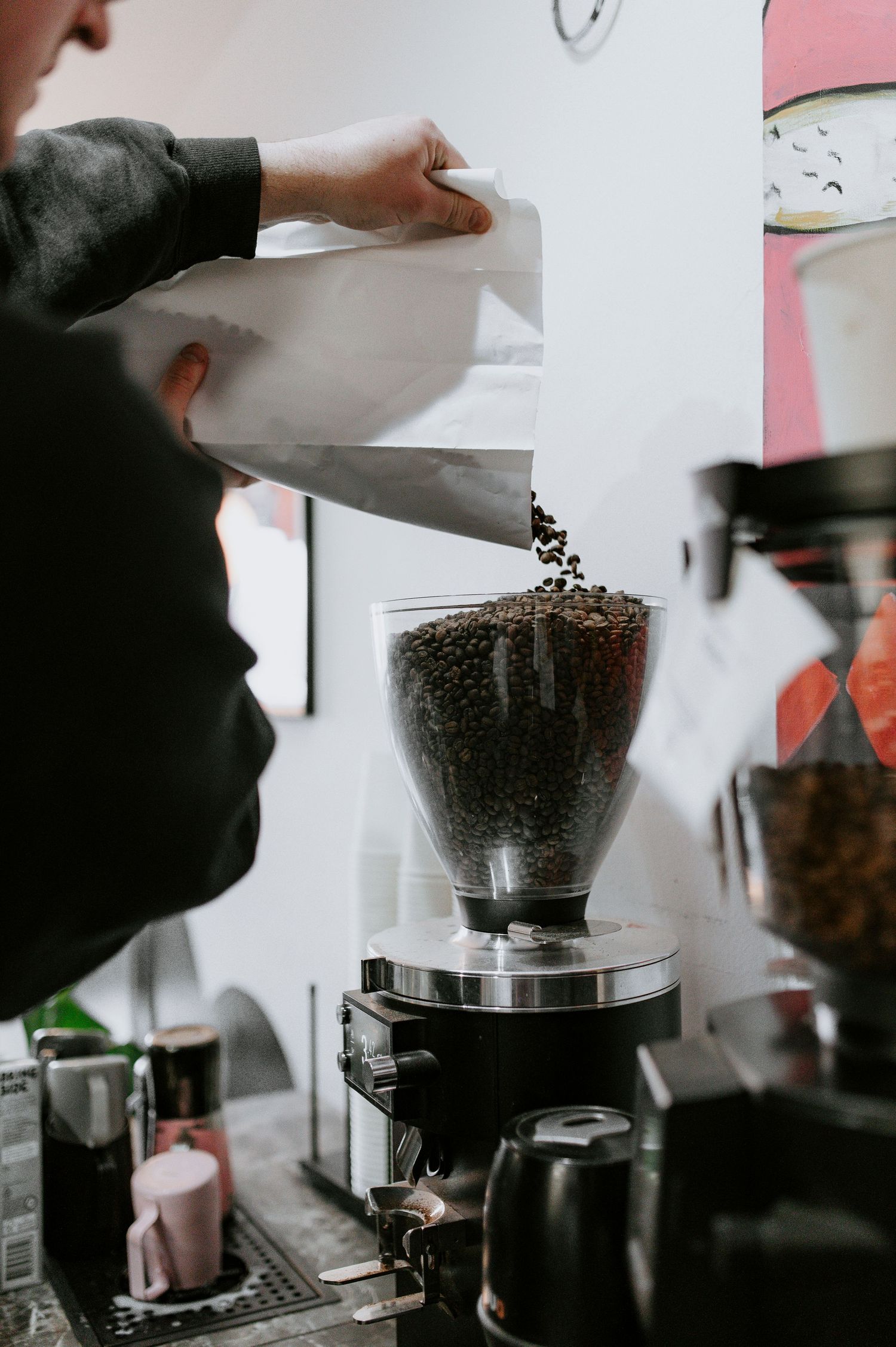 Coffee beans being poured into a commercial coffee grinder hopper against a white background.
