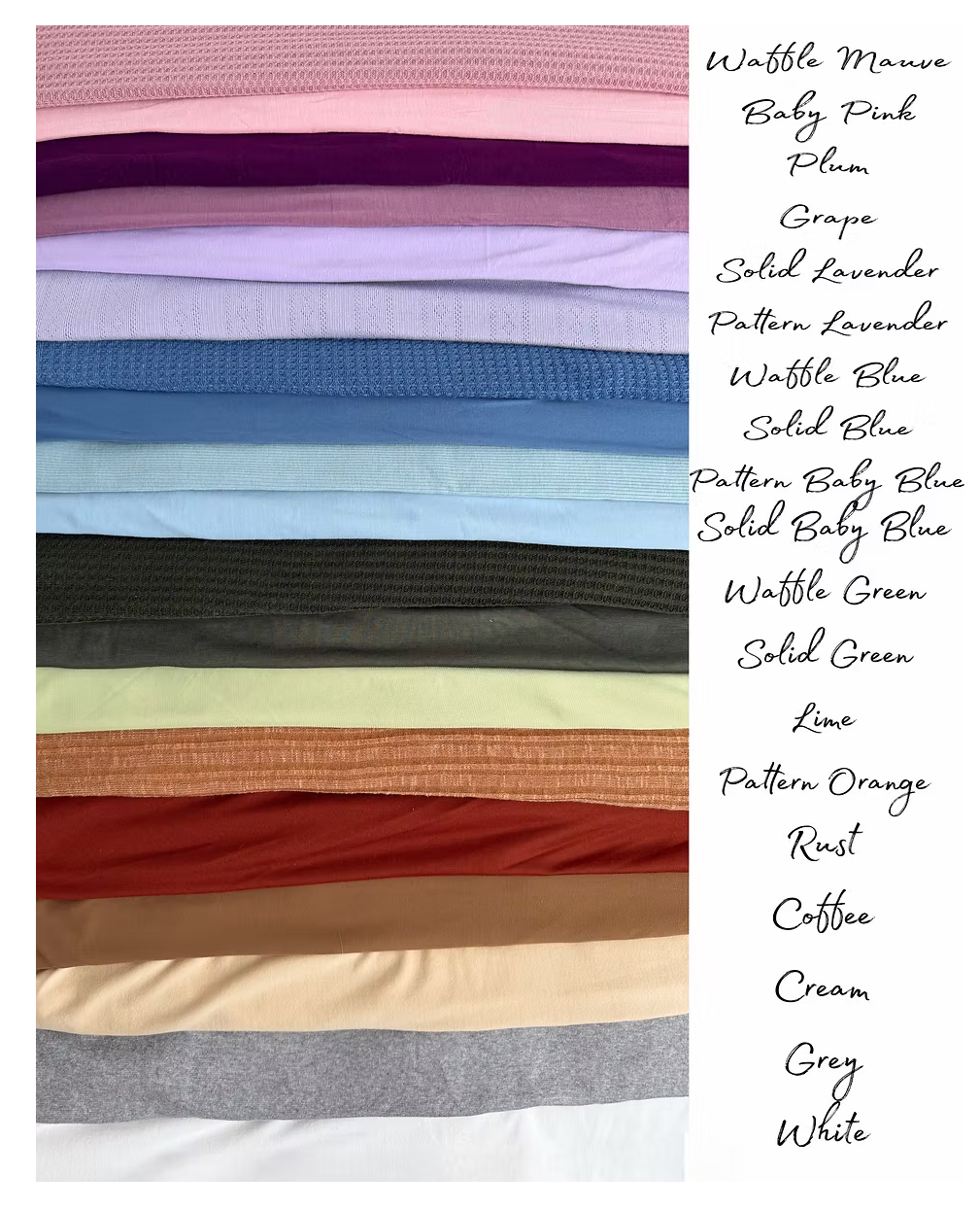 Color swatch chart displaying fabric options including mauve, pink, plum, lavender, blue, green, and neutral tones.