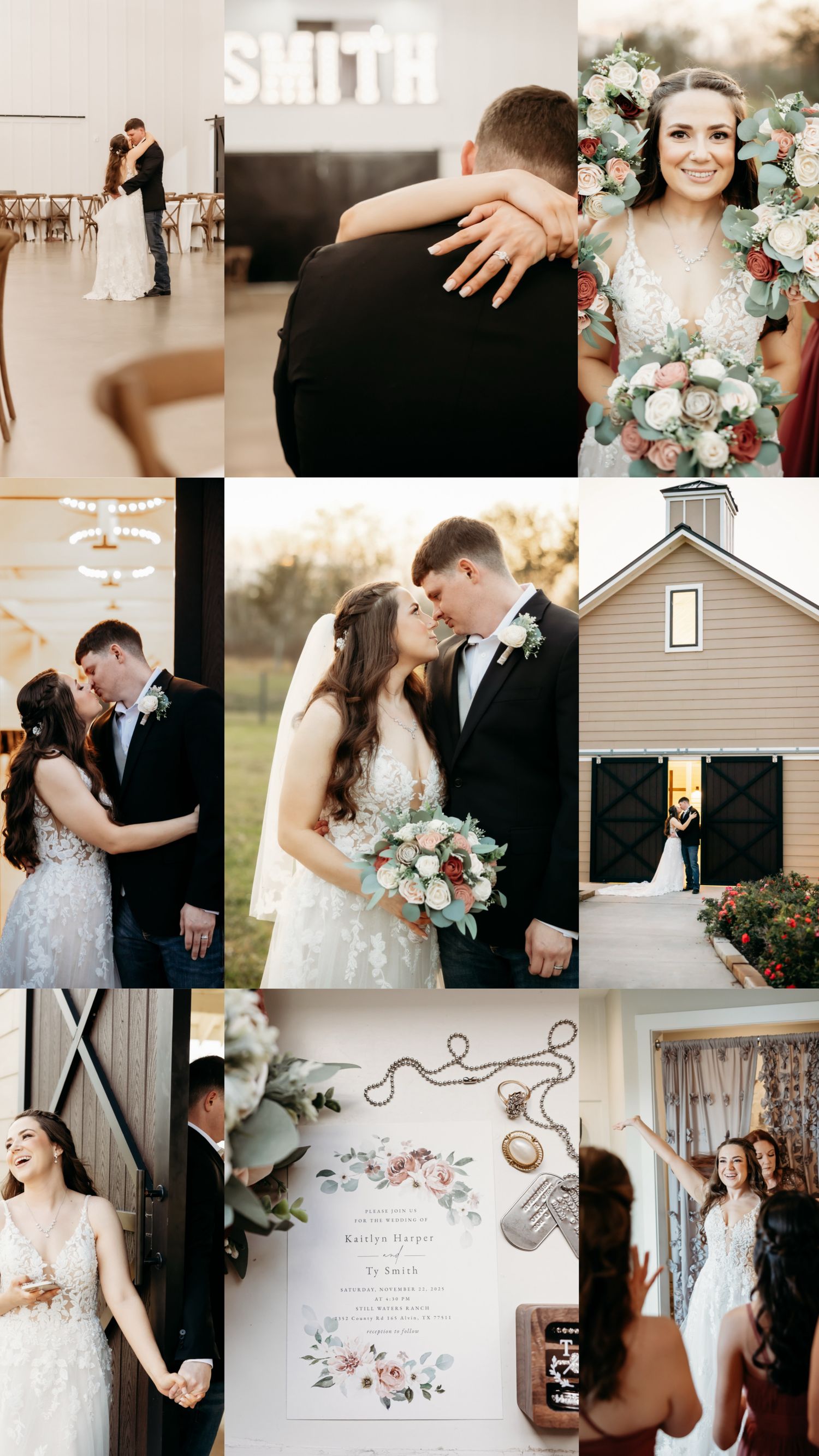 A beautiful wedding photo collage featuring the Smith couple with ceremony, portraits, florals, and invitation details.
