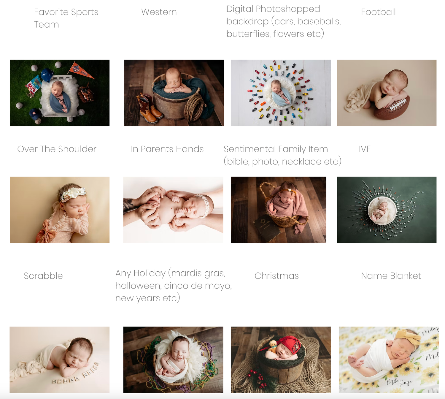 Newborn photography pose guide featuring sports, western, scrabble, holiday, and family heirloom themes.