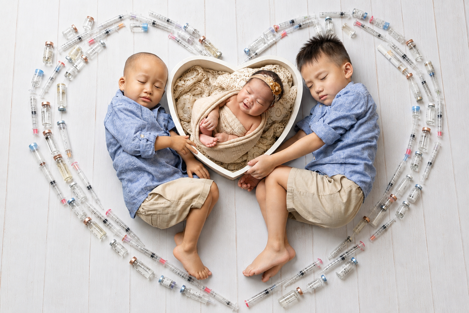 Two boys in blue shirts flank a sleeping newborn in a heart-shaped arrangement of syringes on white floor.